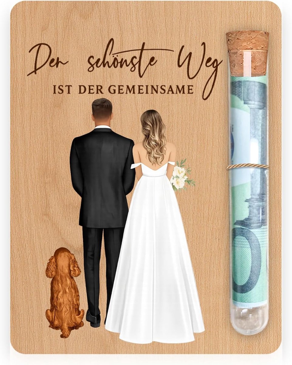 Bruiloftsgeschenk geld hout met reageerbuis 10 x 13 cm geldgeschenk bruiloft verpakking bruidspaar met hondenmotief - ShopVlot