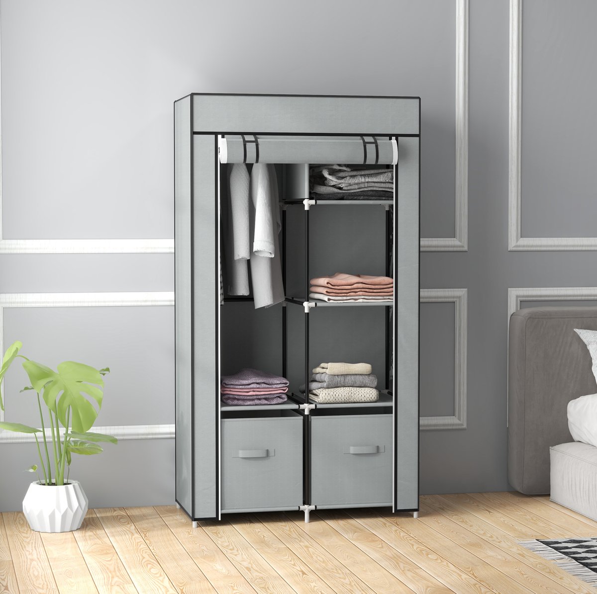 WUVRIE Opvouwbare kledingkast 83x42,5x162,5 cm - 5 vakken, kledingroede en 2 lades - Lichtgrijs