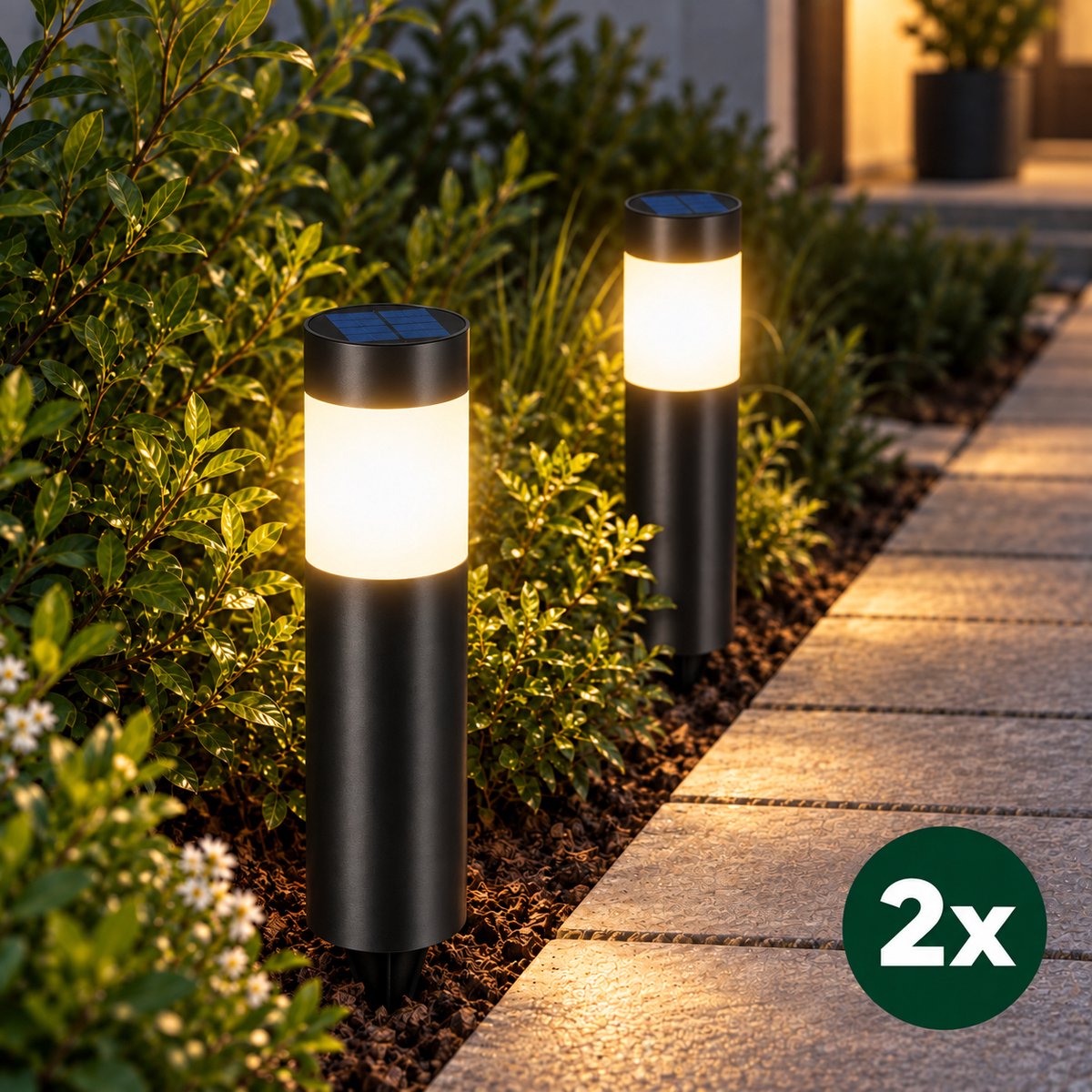 Nexeli NX-SL55B Solar Tuinverlichting – Padverlichting – Voordeelset van 2 – LED Priklampen op Zonne-Energie – Warm Wit – IP65 Waterdicht – RVS Zwart