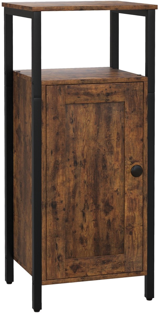 Merax Smalle Bijzettafel met Kast – Industrieel Nachtkastje met Verstelbare Plank – Smal Opbergkastje – Bruin Zwart 80 cm