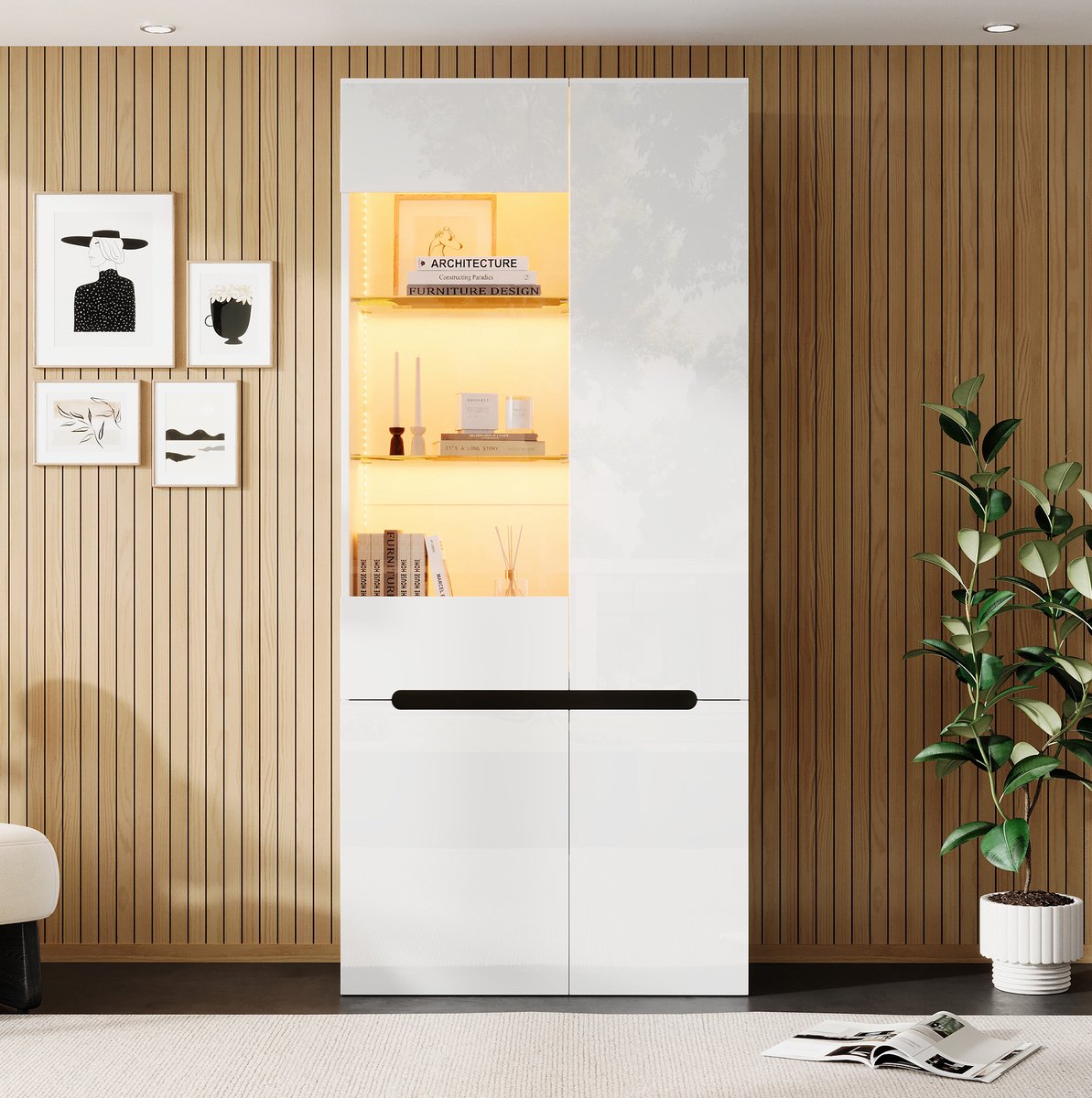 OKWISH Vitrinekast - Ledverlichting Met Bluetooth - 4 Deuren En 8 Vakken - Verstelbare Glazen Planken - Hoogglans Wit MDF - 80 X 35 X 180 Cm