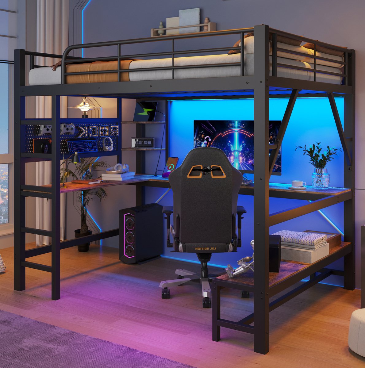 Wishdor Hoogslaper 160 x 200 cm - Met bureau en opbergrekken - LED-verlichting en USB-C-aansluiting - Met veiligheidsreling en ladder - Metaal en MDF - Zwart