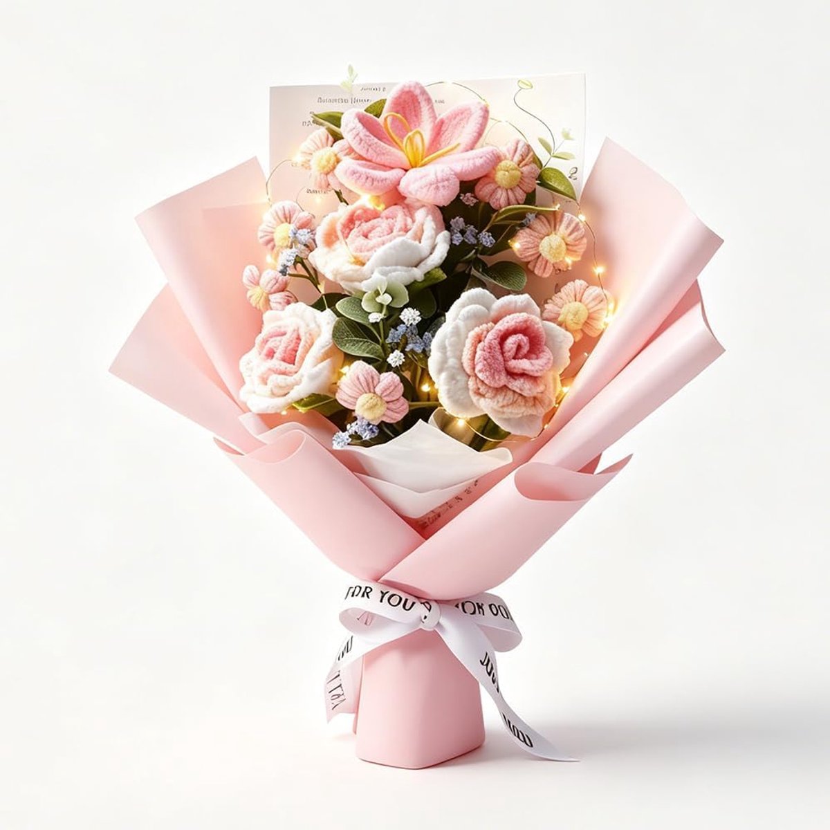 NAVESO Gehaakt boeket, gehaakt boeket met roos en tulpen, gehaakt boeket, geschenkzakje, lichtketting en wenskaart - ShopVlot