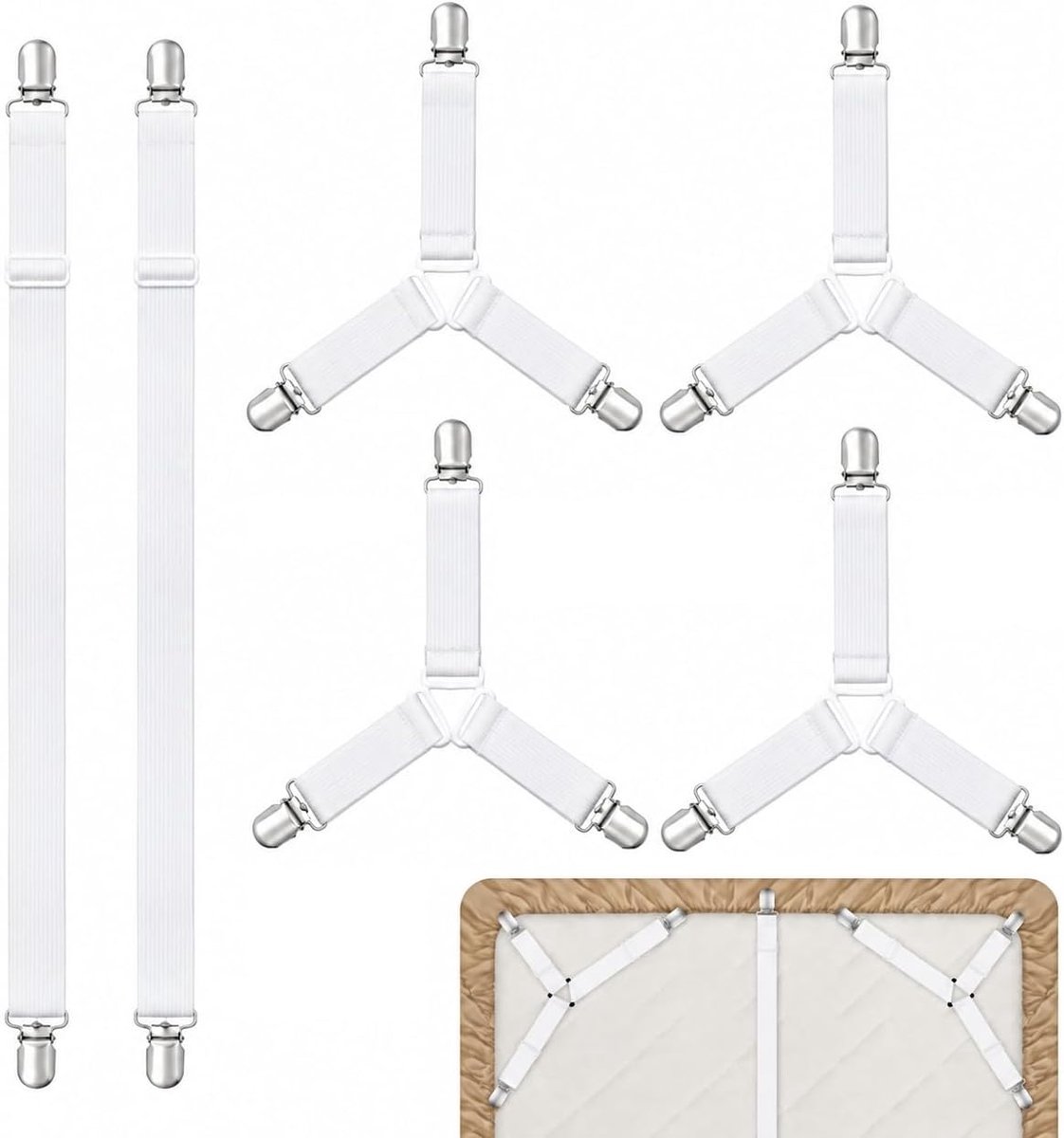 Set van 6 stuks, wit, hoeslakenbevestiging, elastische verstelbare band met metalen klemmen voor lakens