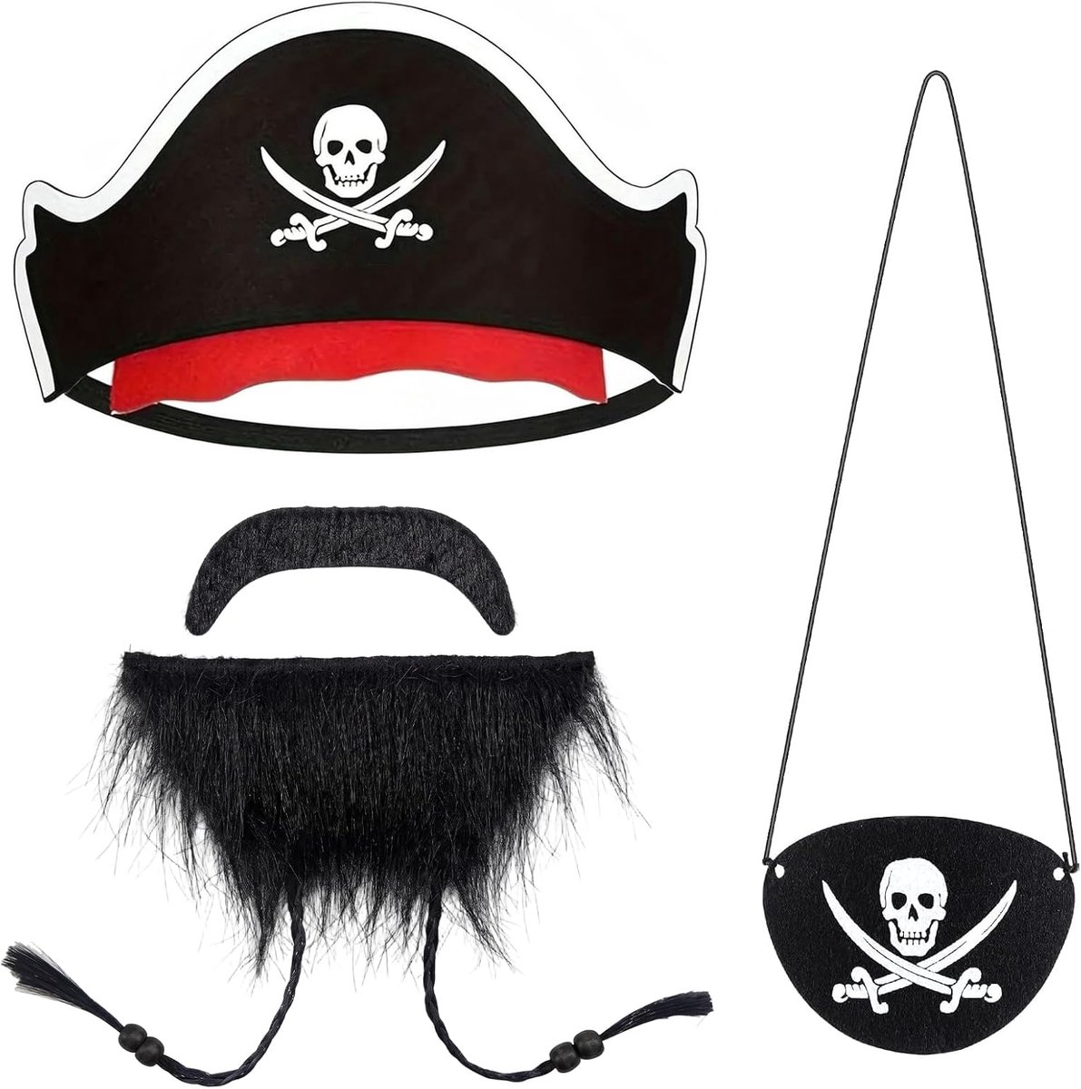 Piratenaccessoireset voor kinderen en volwassenen: piratenhoed, blinddoek en kunstbaard, verkleedkleding voor Halloween, carnaval, themafeesten en schooluitvoeringen