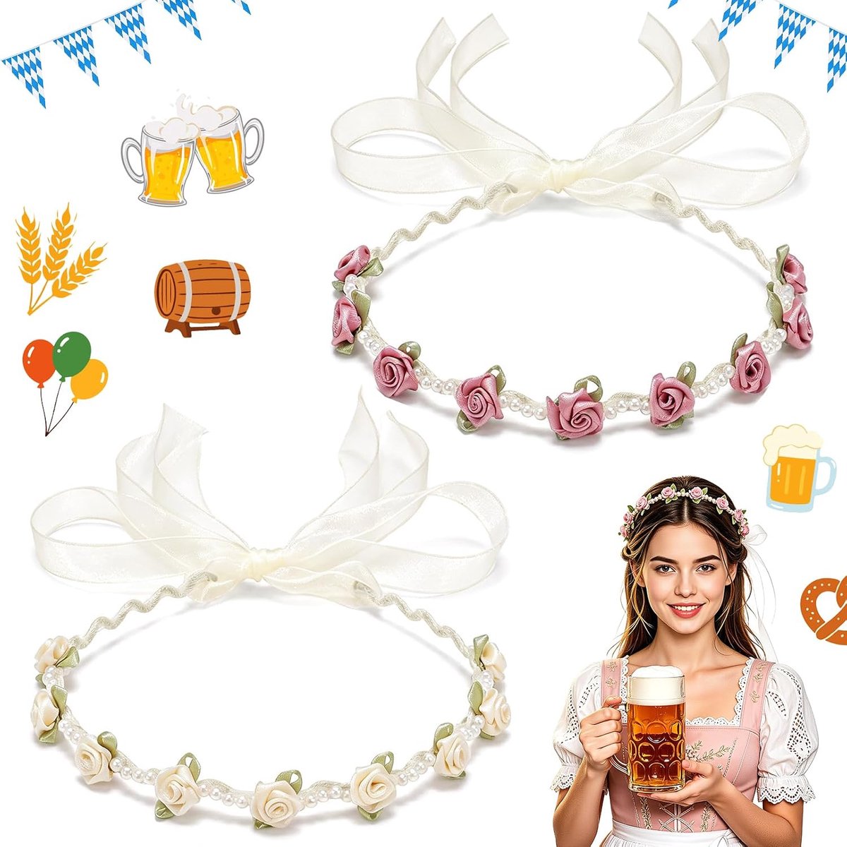 Banden Oktoberfest dames, dirndl roos bloemenkrans haarband, rozen haarband geschikt voor vrouwen en meisjes, haarband Oktoberfest, voor bruiloften, carnaval, feesten