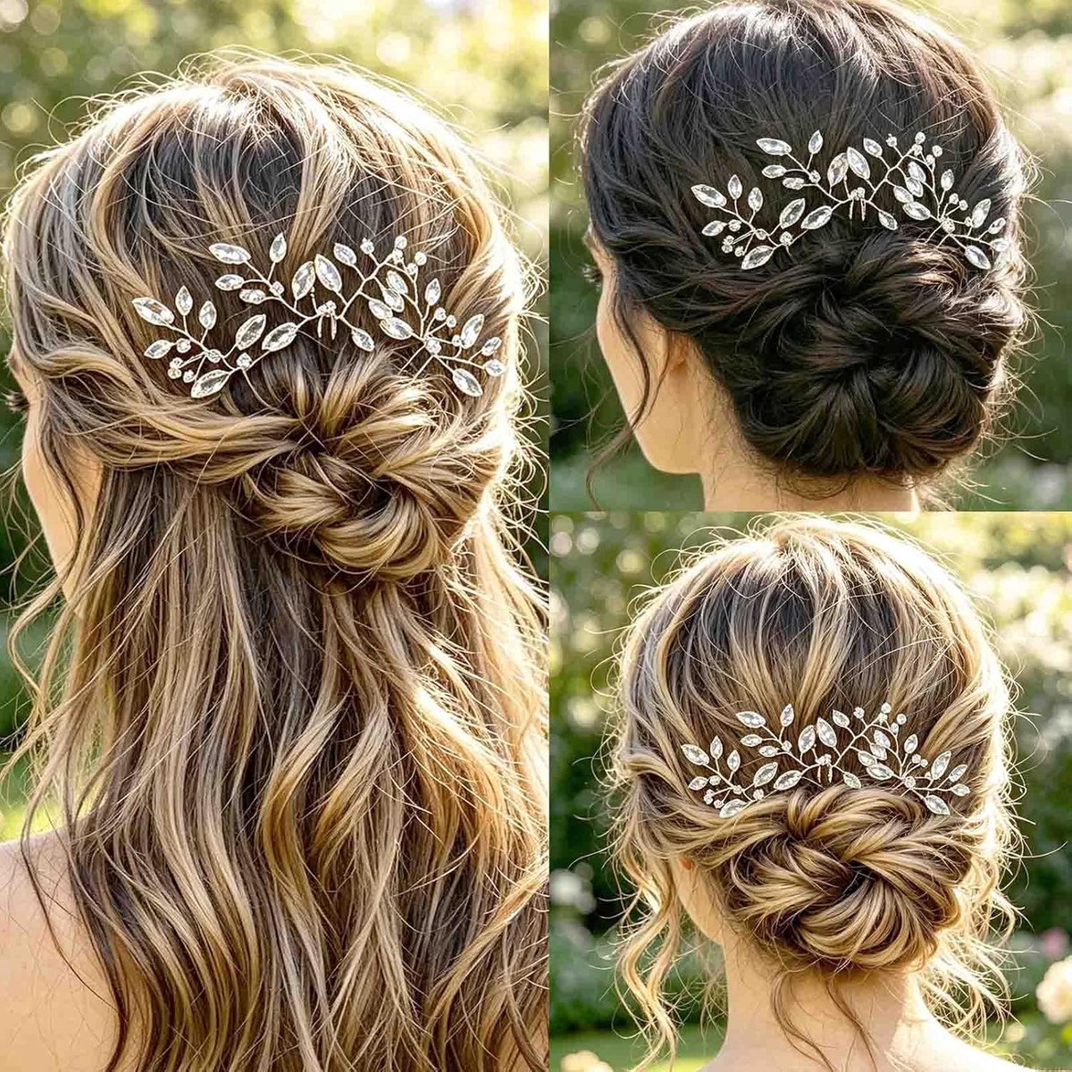 Haarspelden voor bruid, set van 3 stuks, kristallen bladeren, handgemaakte strass-haarspelden voor bruiloft, bruidsmeisje, avondfeest, feestelijke kapselaccessoires (zilver)