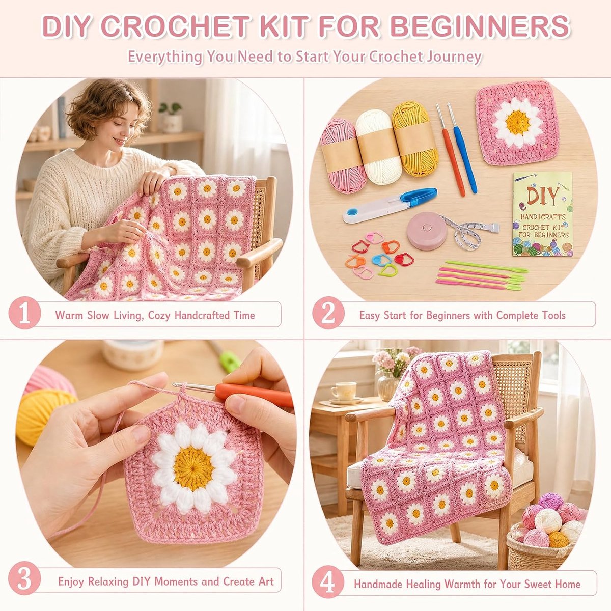 Haakset Granny Square deken knutselset voor beginners, 5-laags haakwol met meerdere haaknaalden, praktische gereedschapsset met stapsgewijze handleiding voor creatieve knutselprojecten thuis (roze)