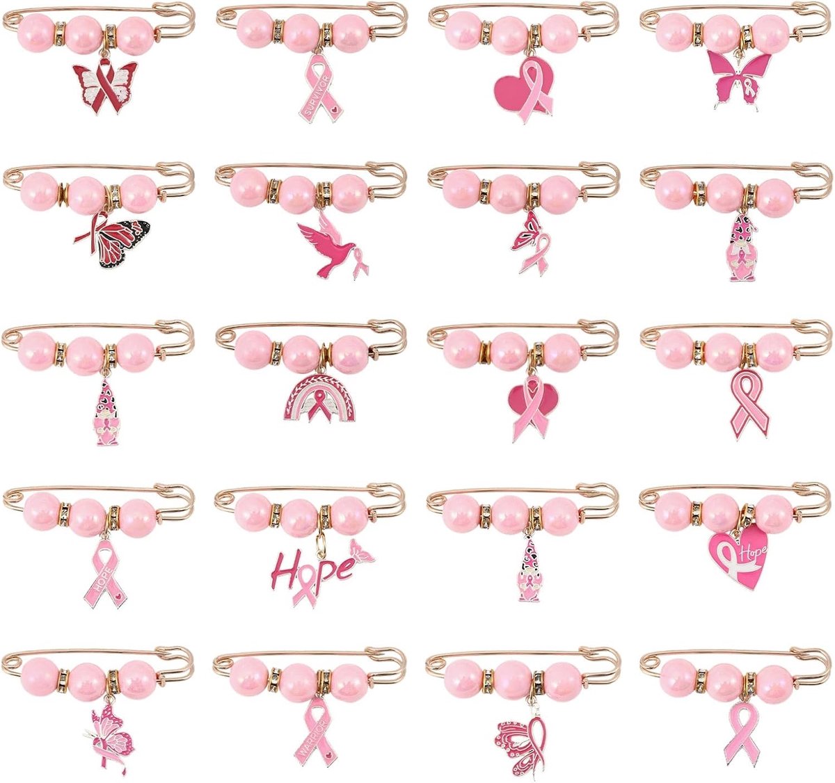 20 stuks 20 stijlen borstkanker bewustzijn broches van kunststof met roze parels voor Pink-Out-Day, sokken, schoenen, tassen en hoeden, dames