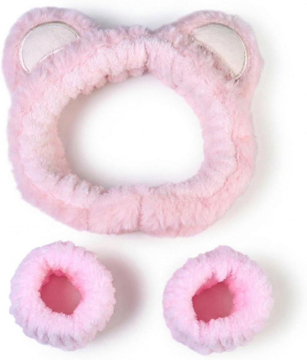 Set van 3 Elastische Gezichtsbanden voor Vrouwen met Polsbandjes voor Gezichtsreiniging en Douche (Roze) - Ideaal voor Huidverzorging en Make-up toepassing