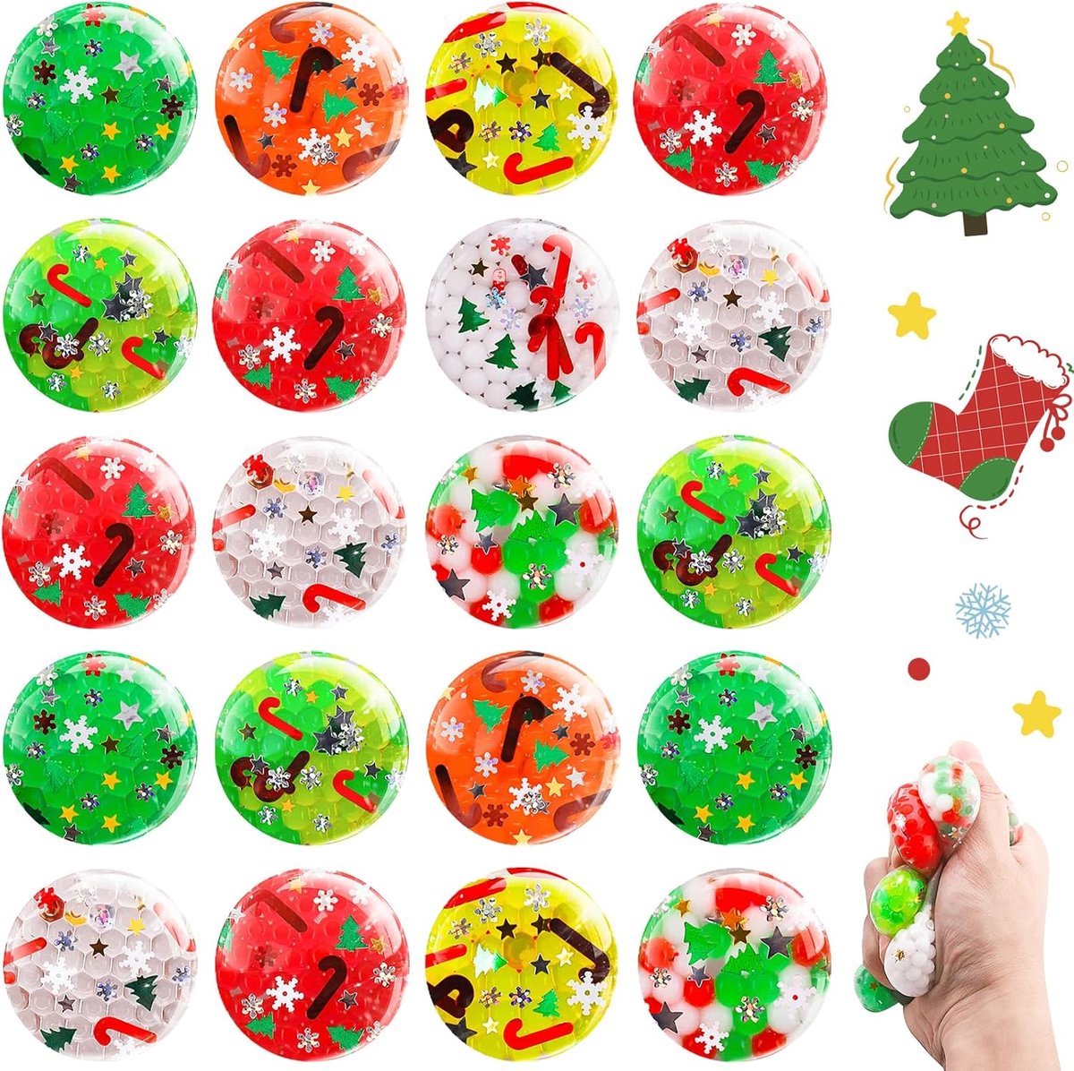 Anti-stress kerstballen, 20 stuks stressballen, Kerstmis, anti-stress speelgoedballen, feestcadeau, cadeautje voor kinderen, gastgeschenken voor kinderverjaardag