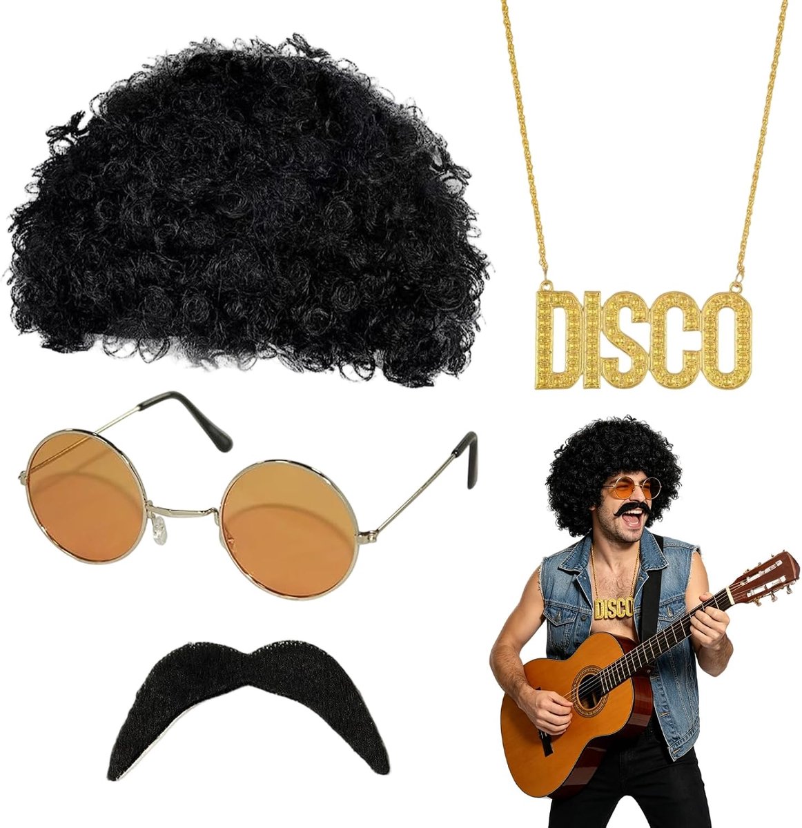 4-delige hippie-kostuumset, hippie-outfit met retro afro-pruik, zonnebril, snor en discohalsketting, jaren '70 en 80 voor cosplay, themafeest, Halloween, carnaval