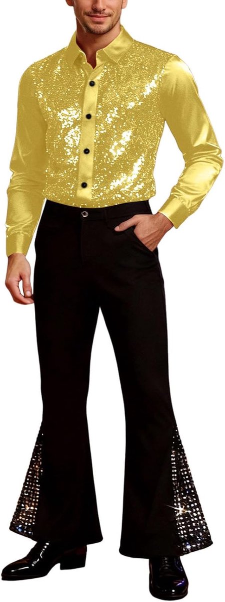 Glinsterende podiumoutfit met paillettenhemd en uitlopende broek voor dansavond en show