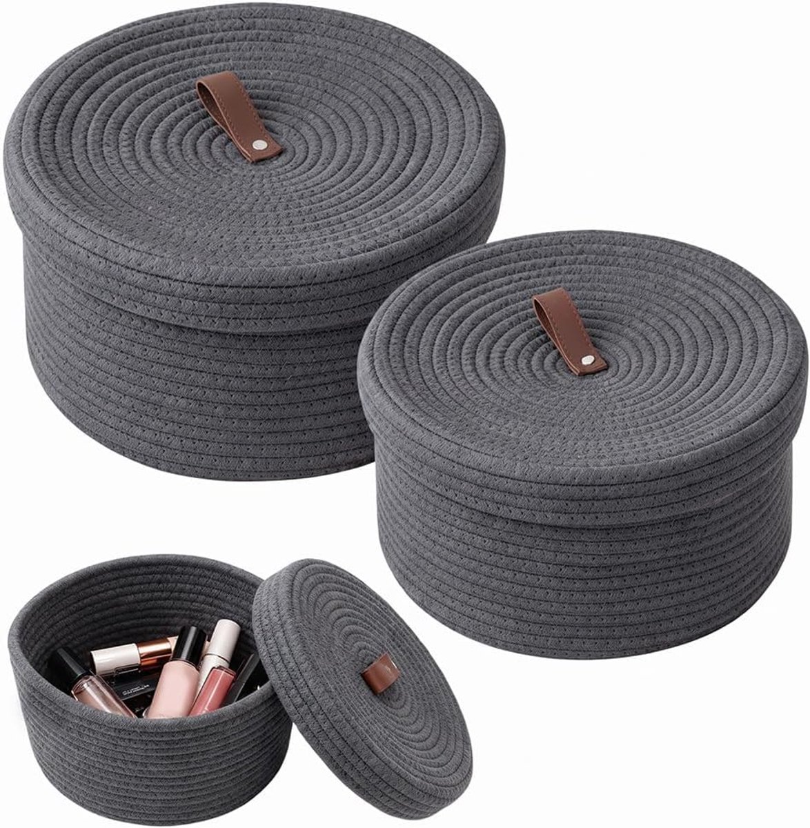 Set van 2 opbergmanden van katoenen touw met deksel, opbergmand, gevlochten, ronde opslag, multifunctionele organizer, mand voor snacks, make-up en nog veel meer, Ø 28 x 16,5 cm en Ø 23 x 12,5 cm
