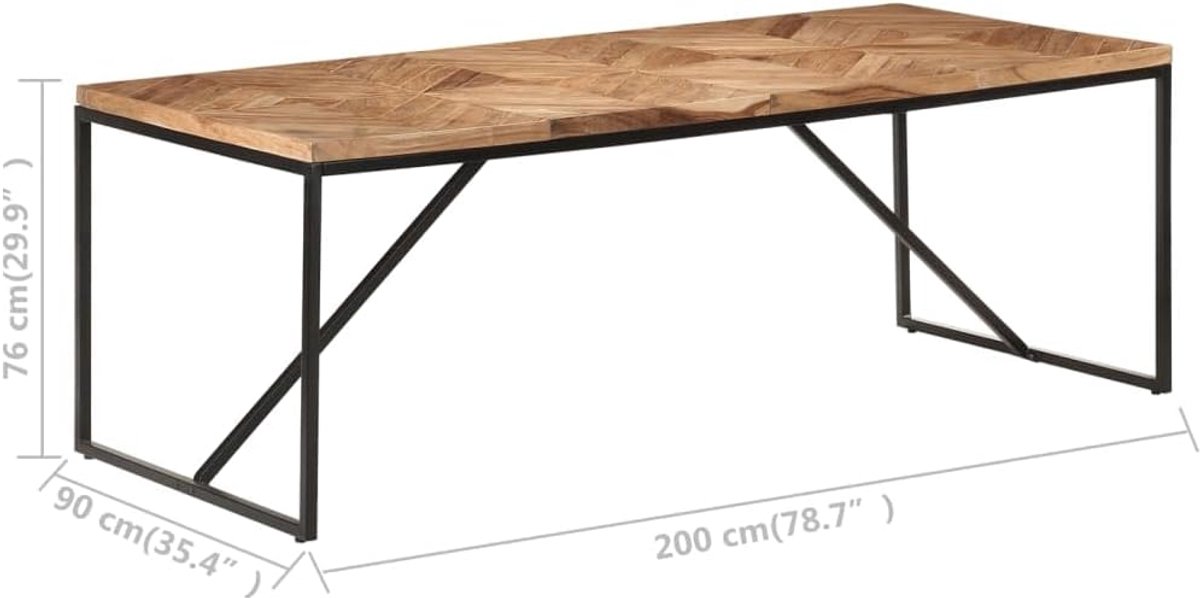 Eettafel van massief acacia- en mangohout met zwarte stalen poten, Chevron-mozaïekdesign, 200 x 90 x 76 cm