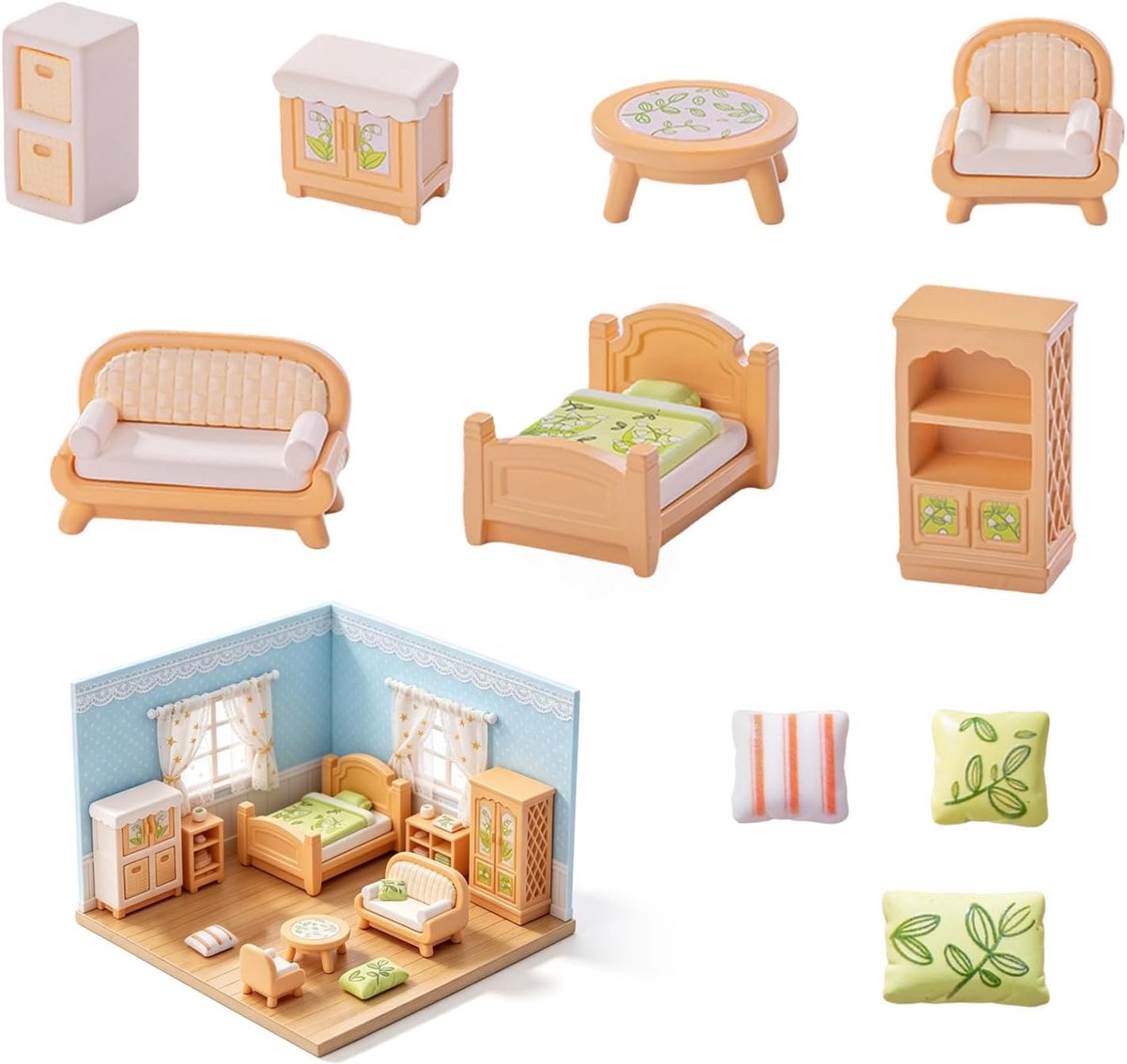Image of 10 stuks poppenhuismeubelset, miniatuur woonaccessoires in houtlook, bank, tafel, kast, bed, voor poppenhuis en verzamelaar