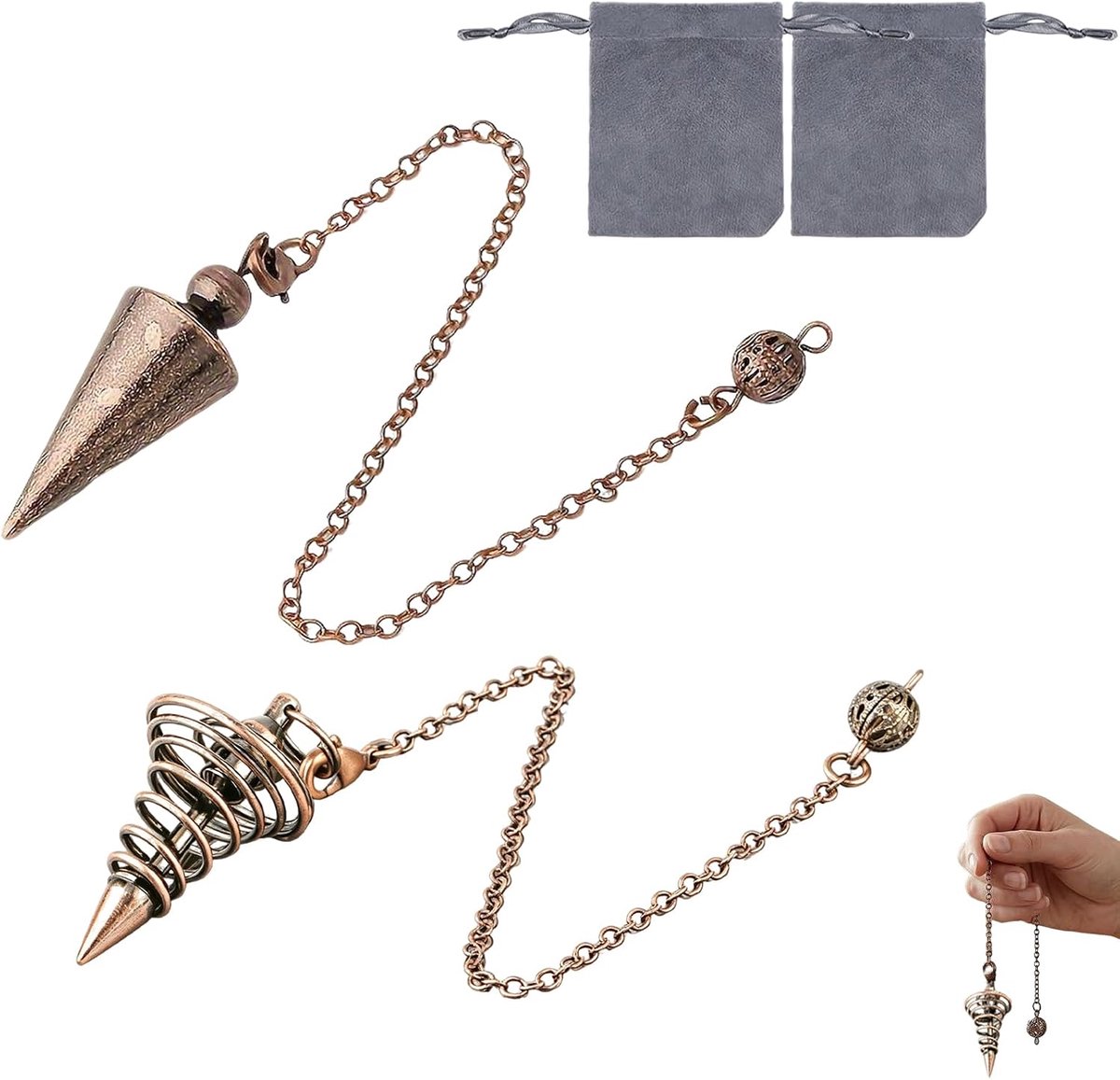 Spirituele Slinger Set van 2 in Bronskleur met Ketting en 2 Fluwelen Zakjes, Pendel voor Waarzeggerij, Chakrawerk, Meditatie en Energetische Rituelen