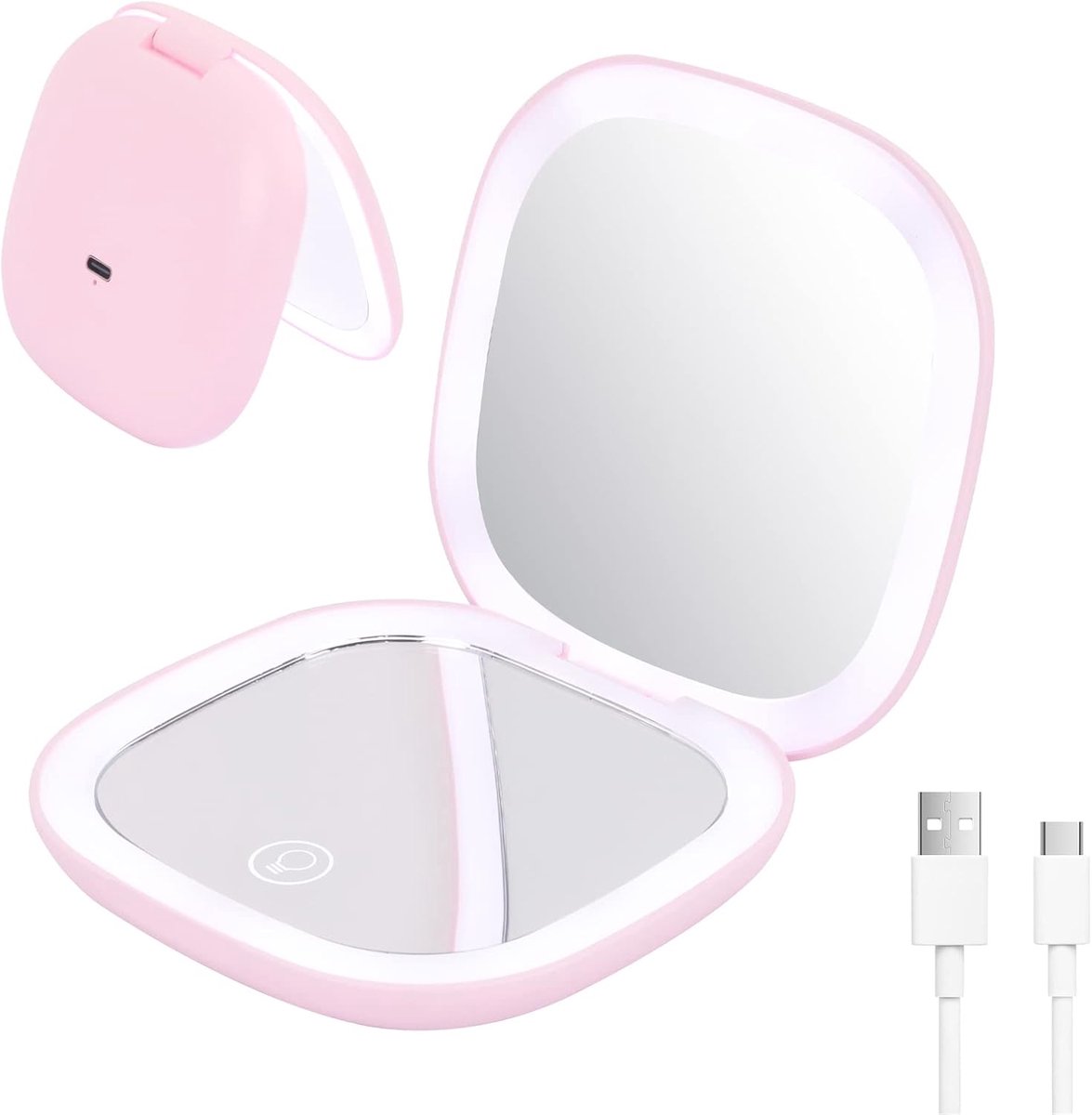 SnelShoppen - LED Pocket Mirror - Cosmetica Spiegel met 10x Vergroting - Oplaadbare Mini Reismirror met 3 Kleuren LED Verlichting - Vouwbare Handspieg