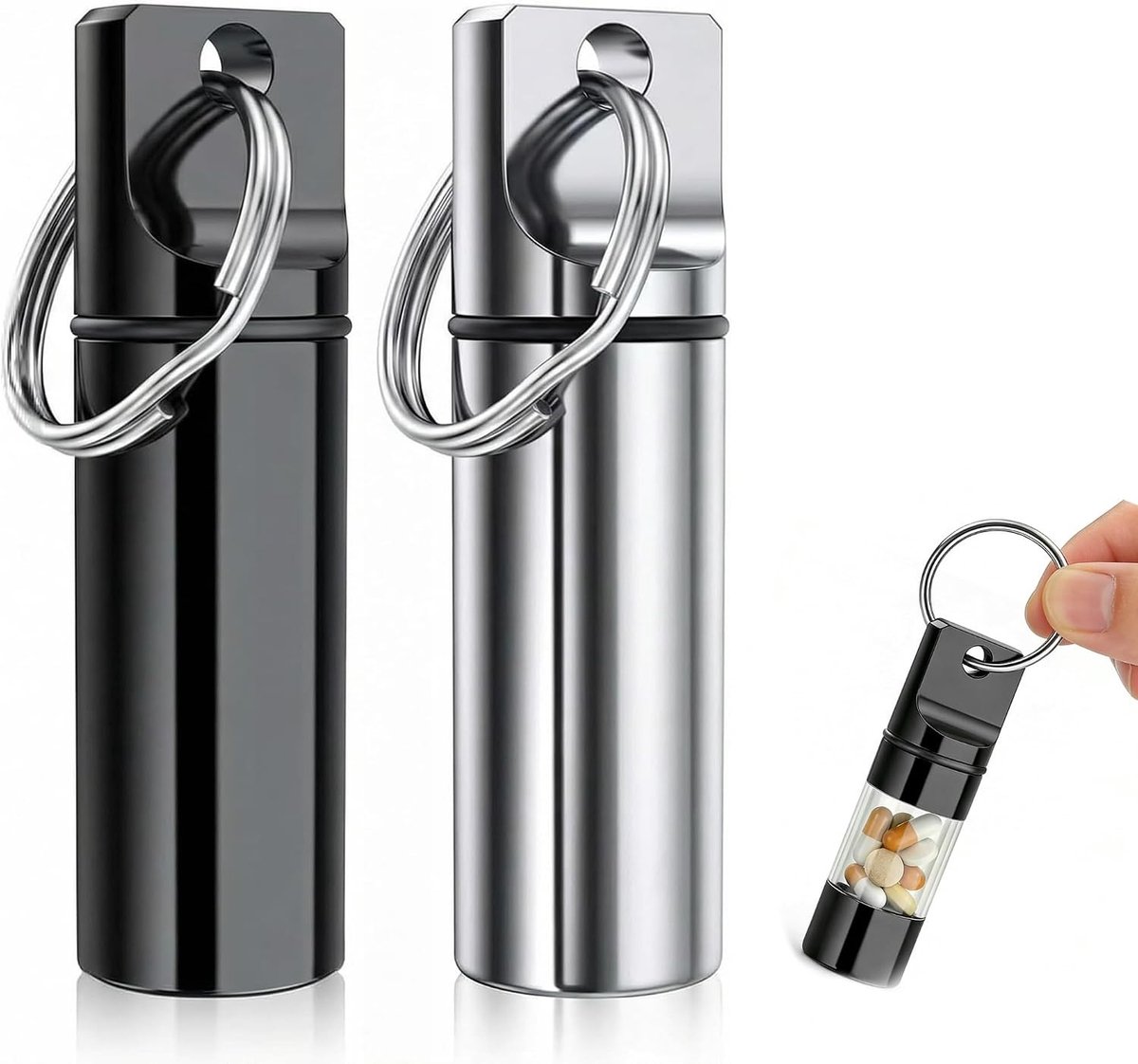 Kleine pillendoos sleutelhanger - waterdichte mini-pillencontainer van aluminium voor onderweg, ideaal voor reizen en outdoor activiteiten (zwart zilver)