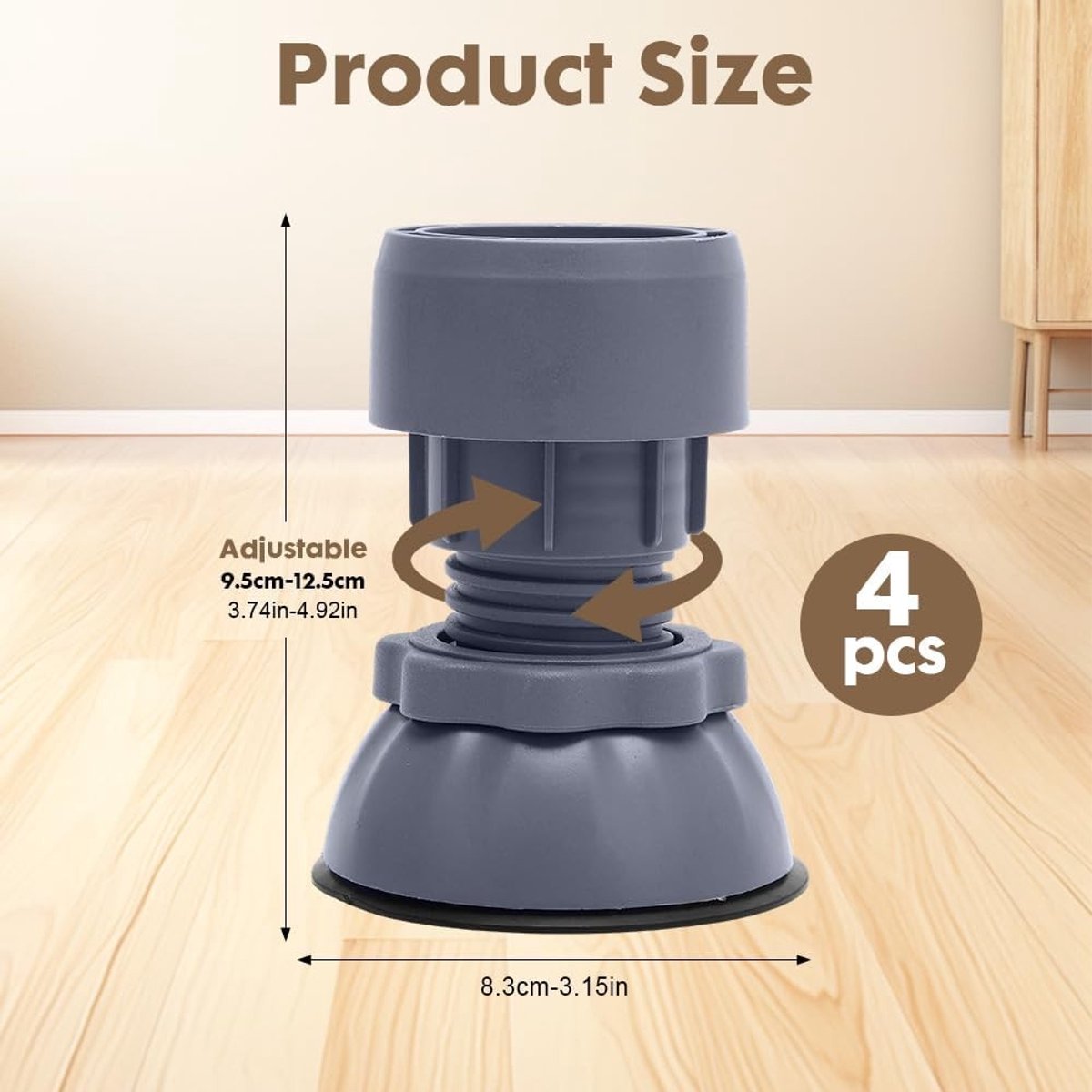 Trillingsdempers voor wasmachines en drogers, 4 stuks, antislipmat, verstelbare dempervoeten, universele oplossing voor trillingen en stabiliteit, hoogte 10-12 cm (grijs)