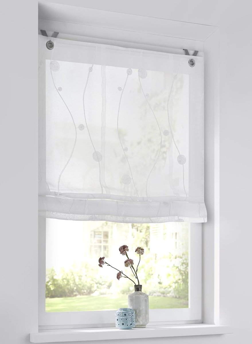 Kutti Ösenrollo Nelly White Semi-Transparent with Embroidered Trine Pattern, 60 x 140 cm, Decorative Polyester Roller - ShopVlot