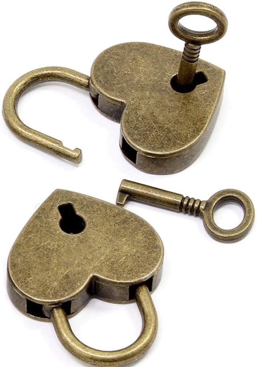 Set van 2 hartvormige hangsloten met sleutel voor dagboek, sieradenbox en opbergdoos - Bronzen liefde sloten