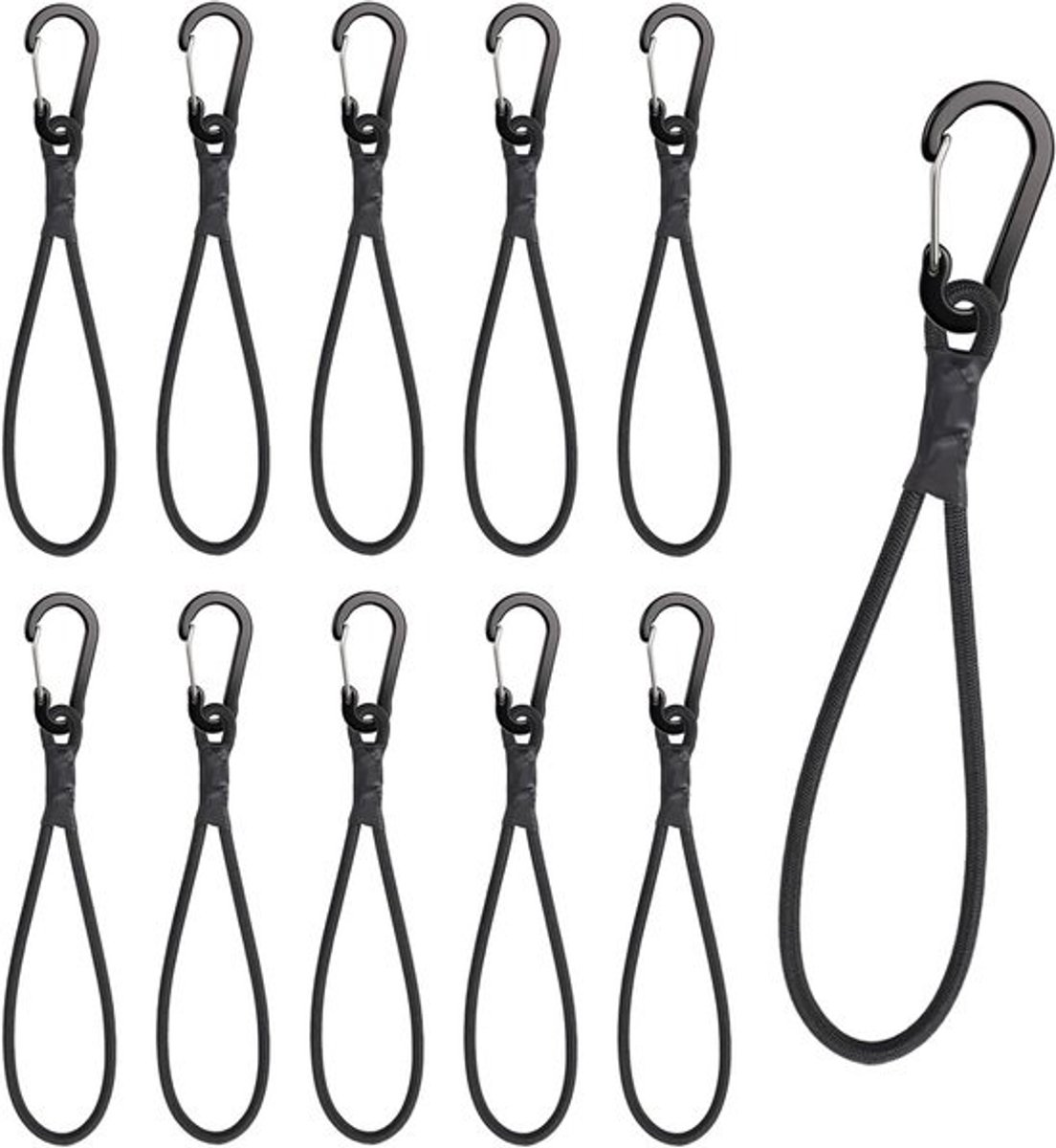 Elastische spanbanden - Spanhaken met touw - Voor outdoorbevestiging - Duurzaam latexmateriaal - 10 stuks van 15 cm - Zwart