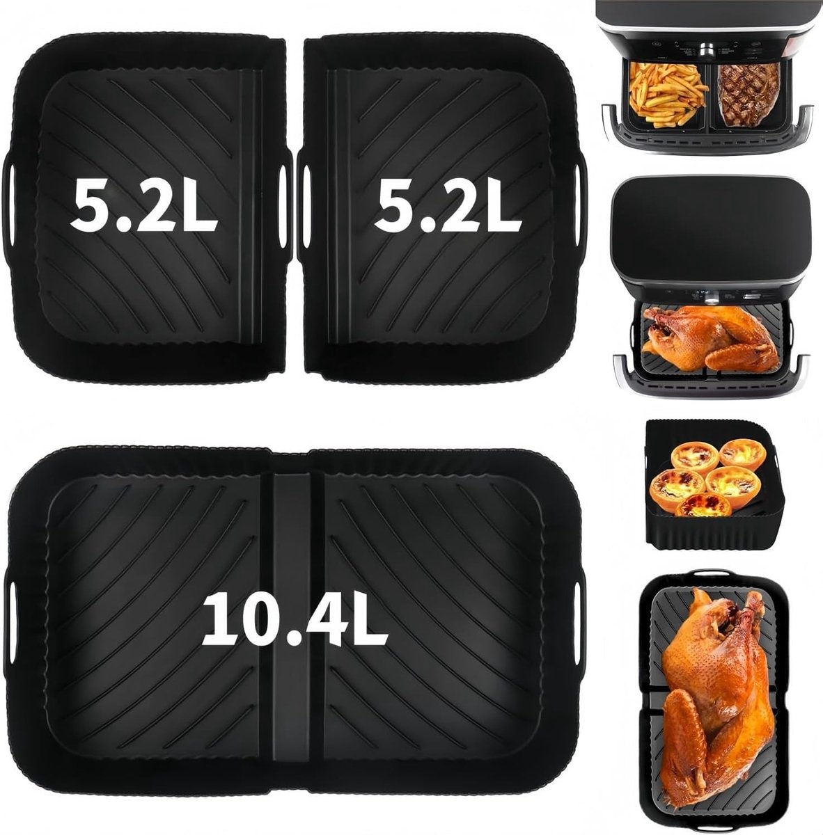 3 Stuks Silicone Air Fryer Liner Set voor Reusable Bakplaten, Geschikt voor 5.2L en 10.4L Airfryers, Perfect voor Gezond Koken en Makkelijk Schoonmaken