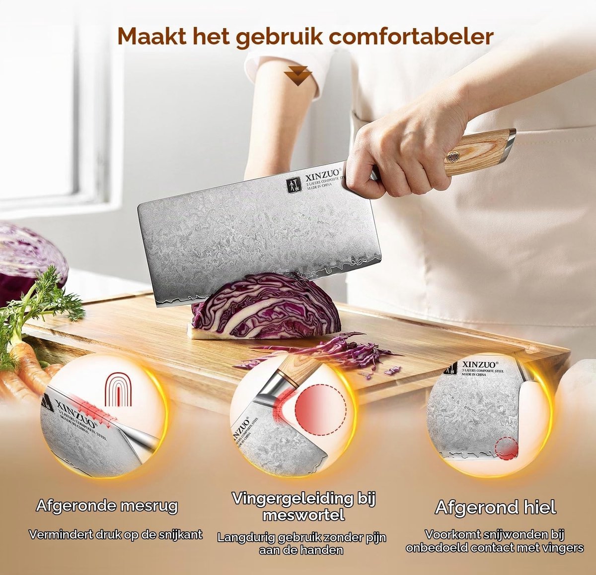 Professioneel Chinese Koksmes van 19 cm, Composiet Staal, Scherp en Duurzaam, Ideaal voor Vlees en Groenten, Ergonomisch Houten Handvat