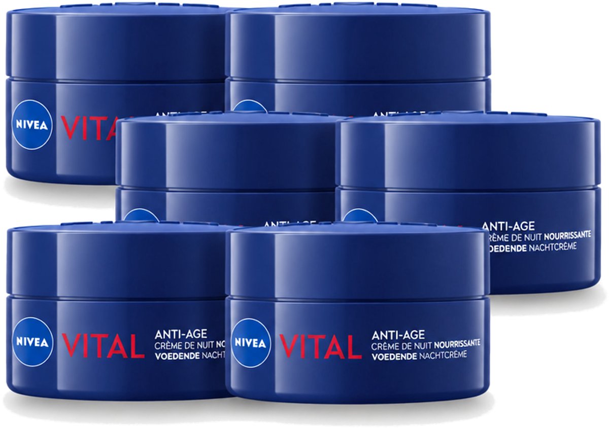 6 x NIVEA - Nachtcrème - VITAL Anti-Rimpel Herstellend - Voor rijpe huid - Met Vitamine F, Teunisbloemolie & Calcium - 50 ml - Voordeelverpakking - 6 stuks