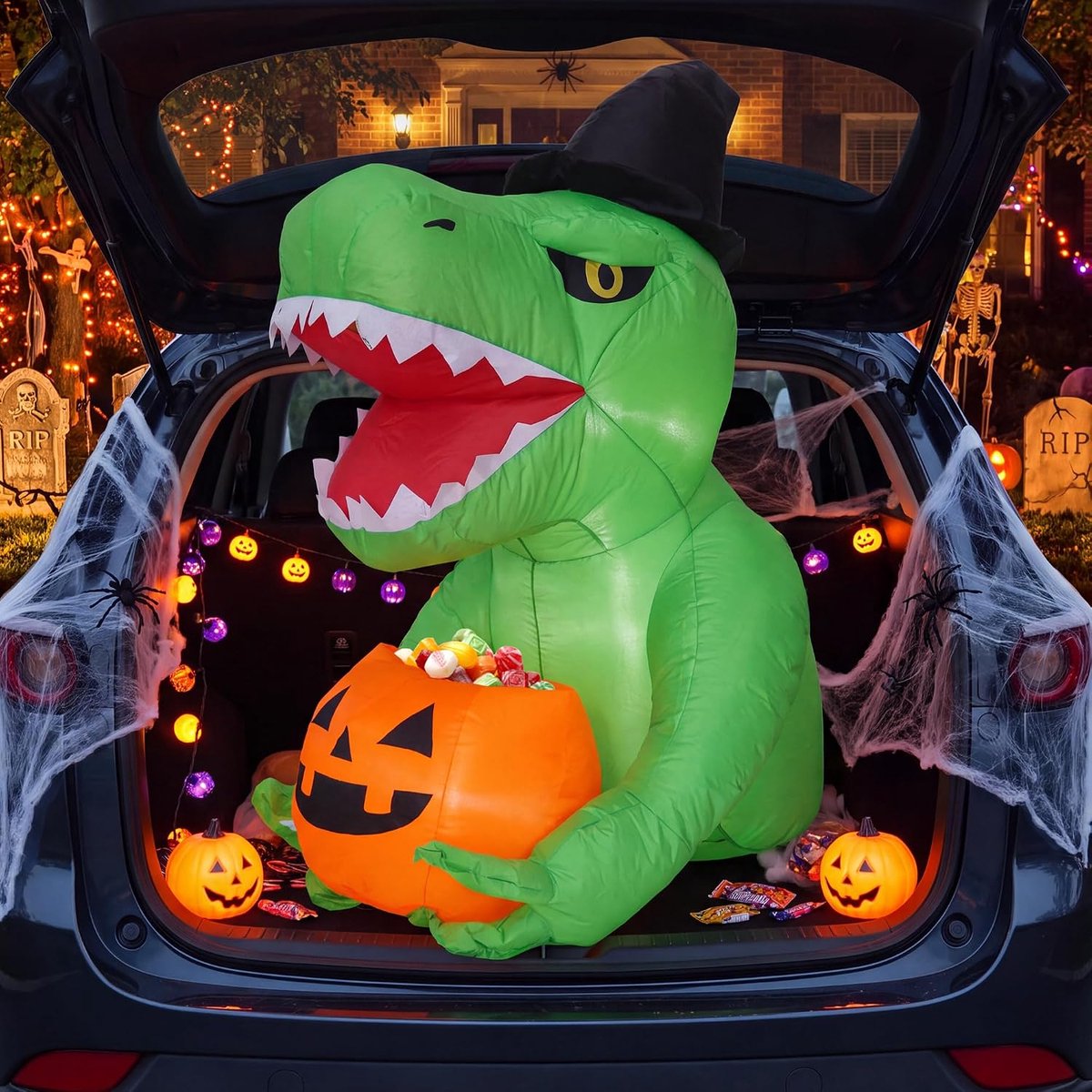 Opblaasbare Dinosaurus 135cm met Pompoen LED - Halloween Auto Tuin