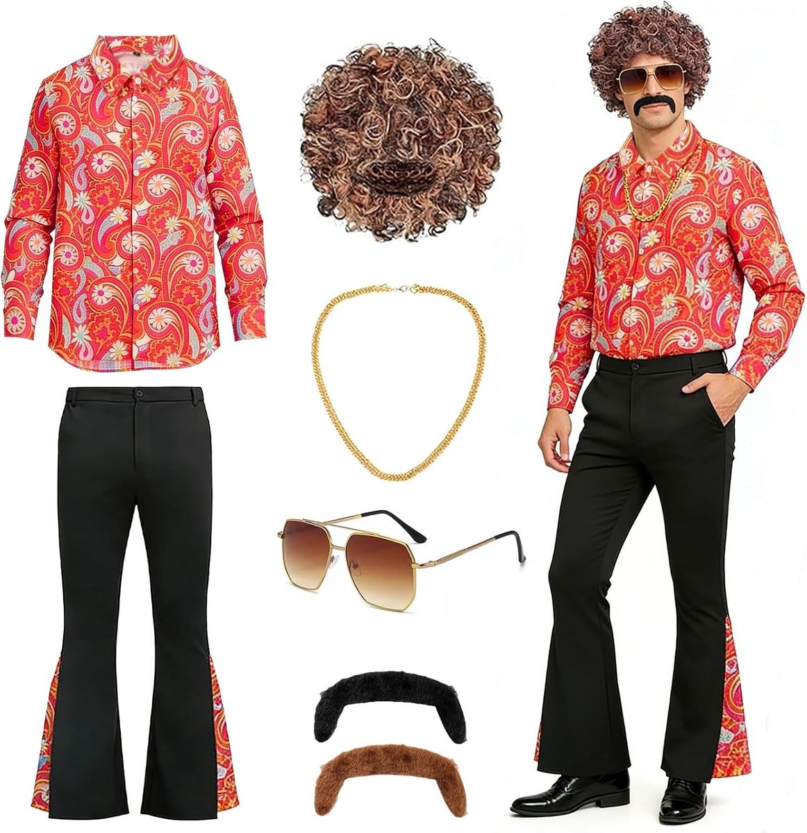 Retro Disco Hippie Kostuum voor Mannen met Shirt, Broek, Peruk, Bril en Accessoires voor Carnaval en Halloween - 70s Stijl Outfit
