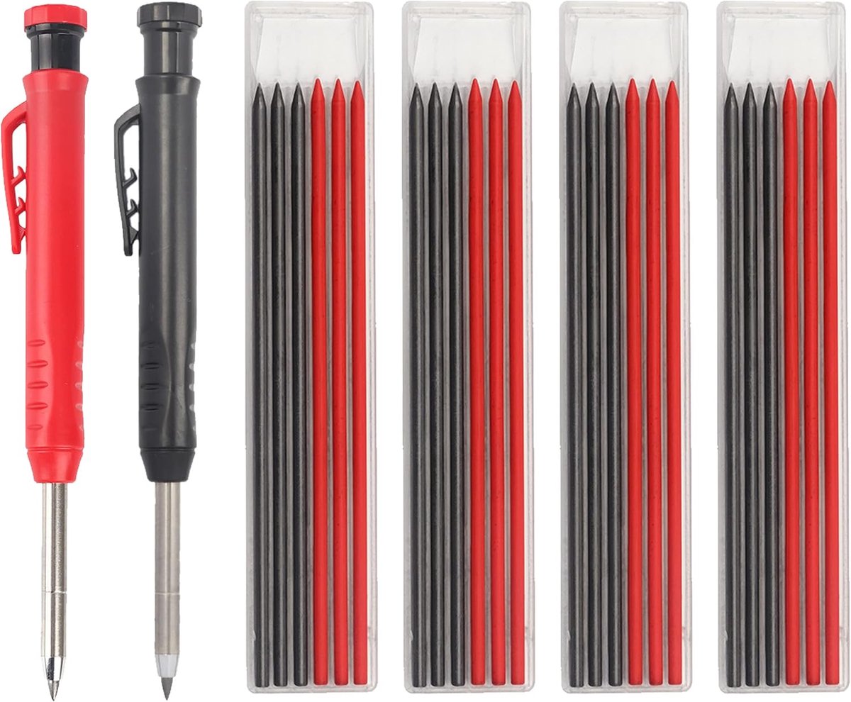 2 Stuks Solid Timmerman Potlood, Massief Timmerman Potlood Set met 24 Vullingen, Lange Neus Diep Gat Houtbewerking Markering Potloden met Ingebouwde Slijper Center Punch voor Bouw Drafting Architect