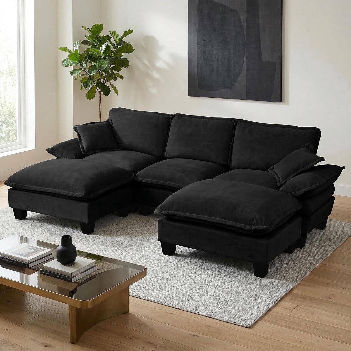 Sofa met voetenbank, modulaire hoekbank van chenille, moderne designbank met 2 kussens voor woonkamer en appartement, zwart, 3-zits + 2