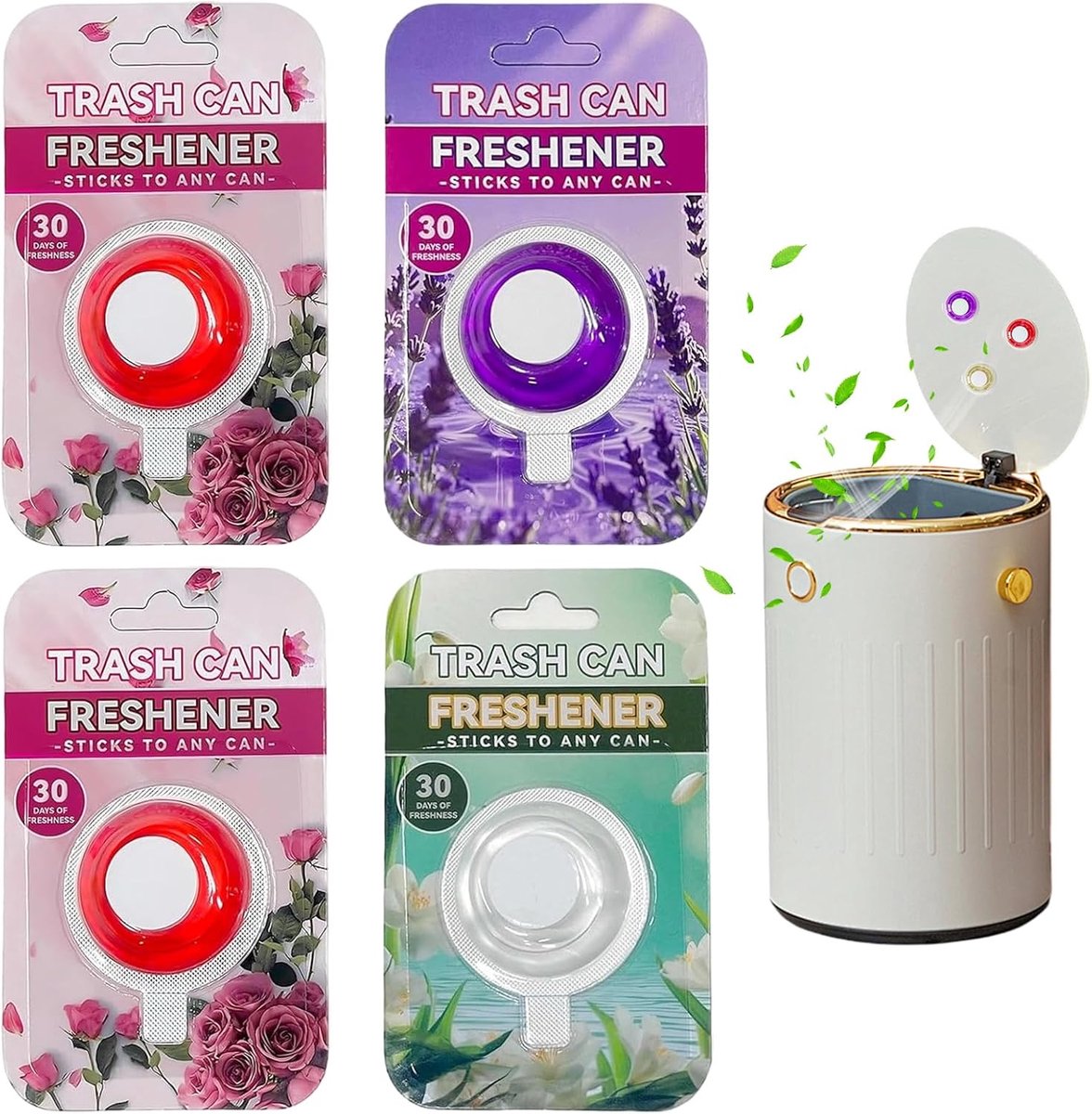 4 stuks luchtverfrisser om op te plakken voor vuilnisbakken, 20 g, luchtverfrisser, neutraliserend en deodorant, geschikt voor keuken, badkamer, auto, kantoor, enz., roze, jasmijn, lavendel