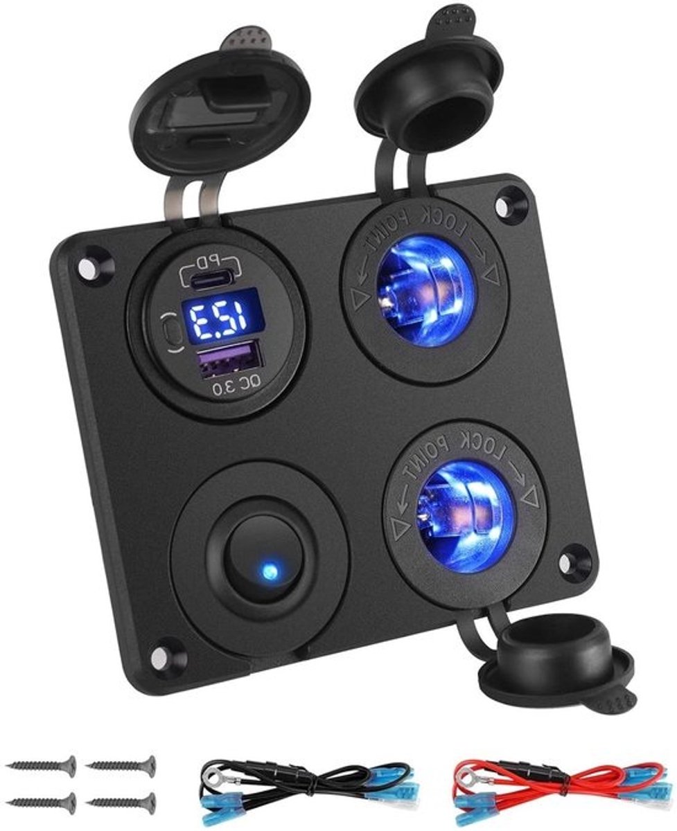 Stopcontactpaneel met USB-aansluiting en voltmeter voor auto’s, motoren, vrachtwagens en boten