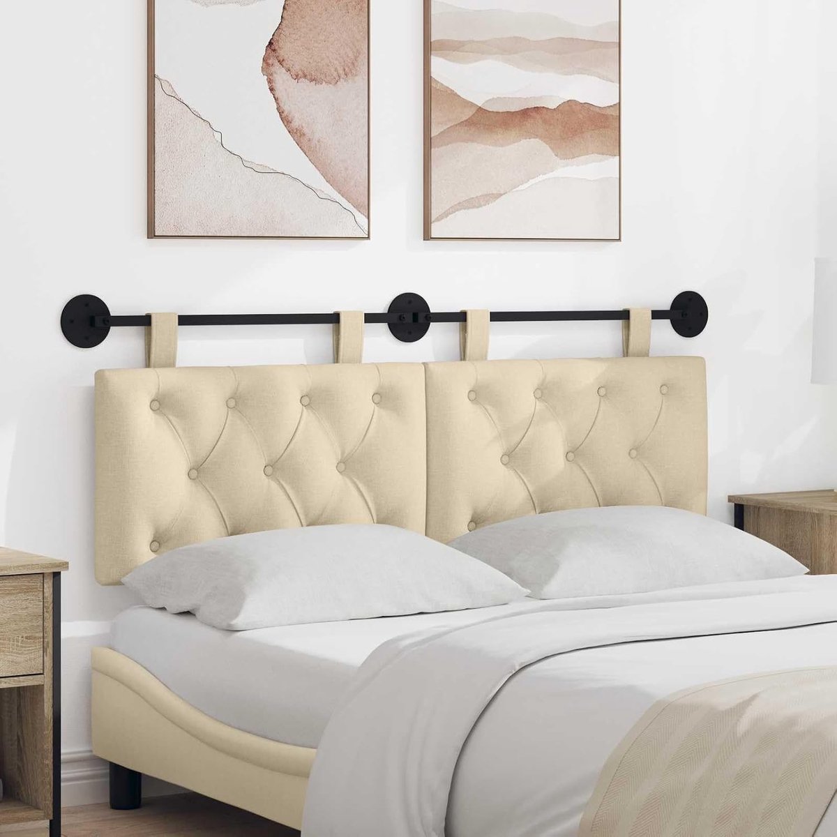 Hoofdeinde crème stof met knopen, universeel wandhoofdeinde voor slaapkamer, eetkamer en hal. Zachte bekleding met schuim op stevig frame, wandmontage