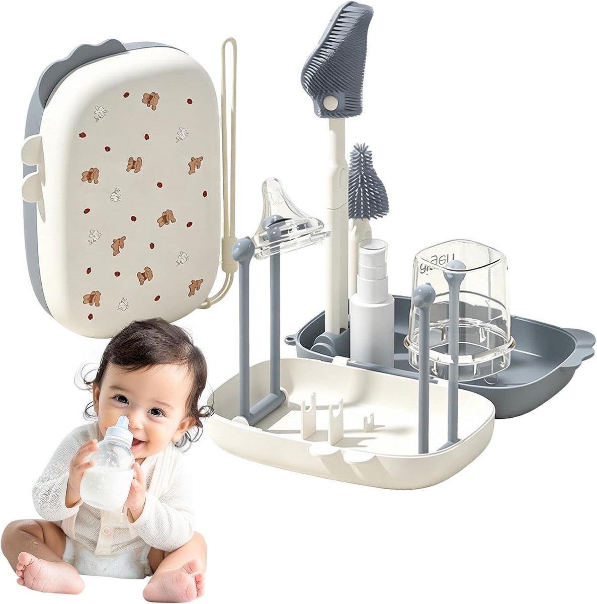 6-in-1 Reinigingsset Voor Babyflessen, Siliconen Borstel, Grijs