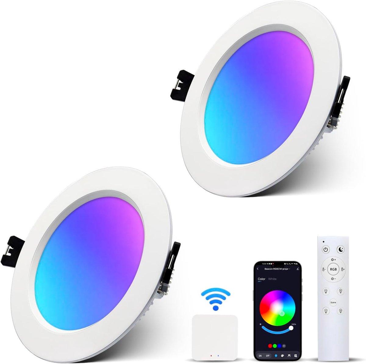 Inbouw Plafondlamp 10W RGB en Warm Wit, App Bediening Dimbaar kleurwisselend Downlights, Bluetooth Slimme Inbouwspots, alu, Plat Spot met intelligente gateway voor Badkamer Keuken Woonkamer (2PCS)