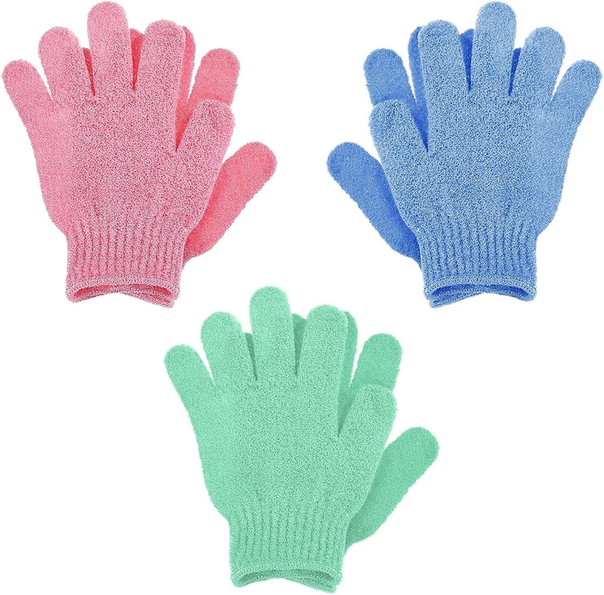 Set van 6 Exfoliërende Scrub Handschoenen van Bamboe voor Lichaamsverzorging, Dode Huid Verwijdering en Spa Massage in Groen, Blauw en Roze