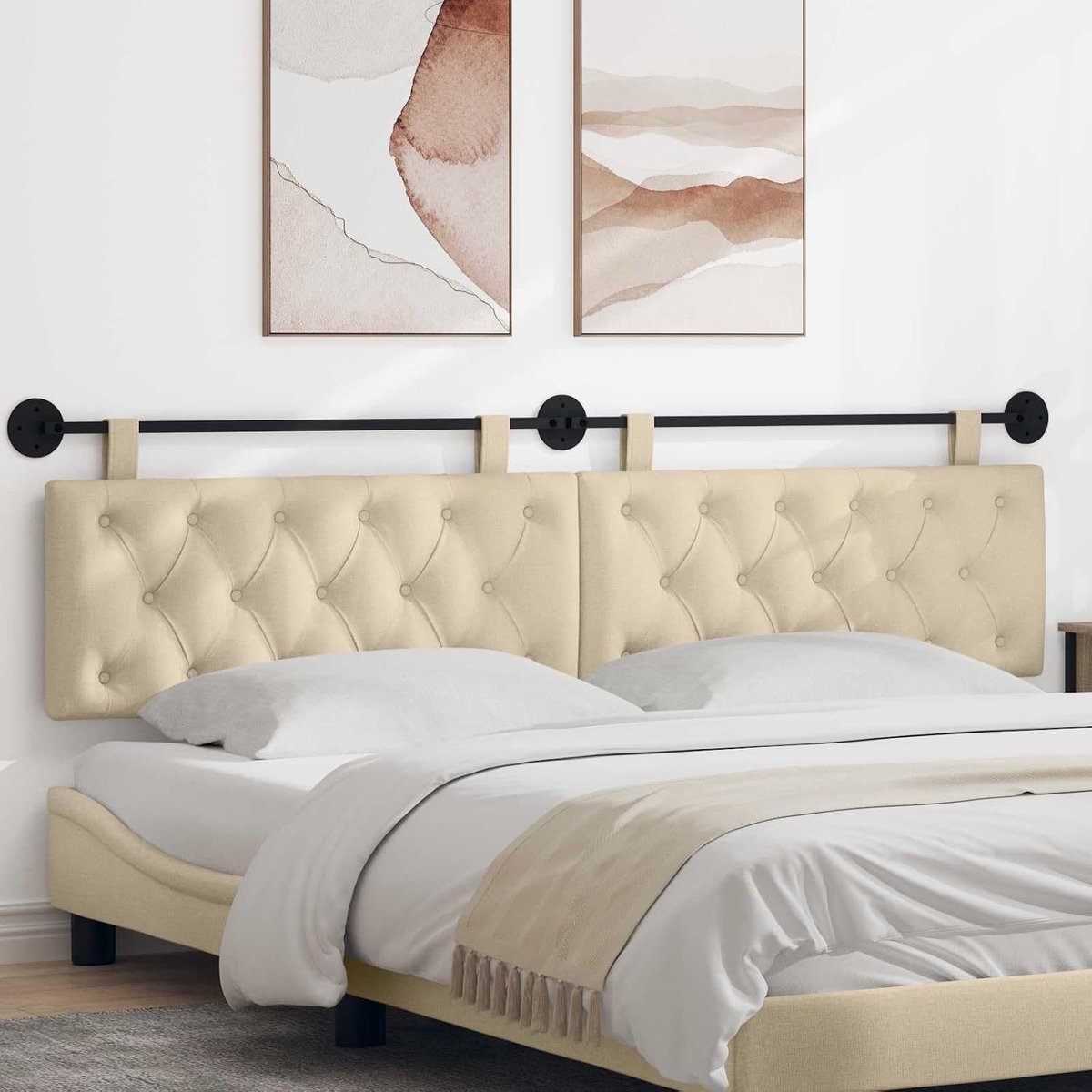 Hoofdeinde crème stof en schuim, elegant hoofdeinde met knopen voor slaapkamer, eetkamer en hal. Wandmontage bespaart ruimte, set inclusief metaal
