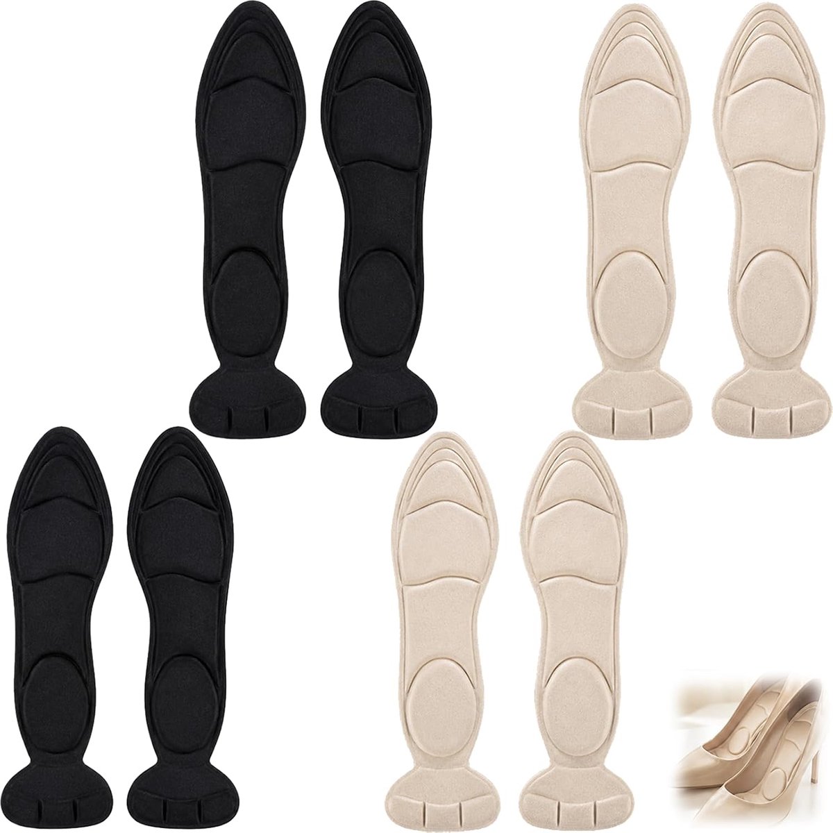 4 paar inlegzolen voor damesschoenen en hakschoenen, ademende antislip inlegzolen van draagcomfort, voor te grote of losse schoenen om de pasvorm van de schoenen aanzienlijk te verbeteren