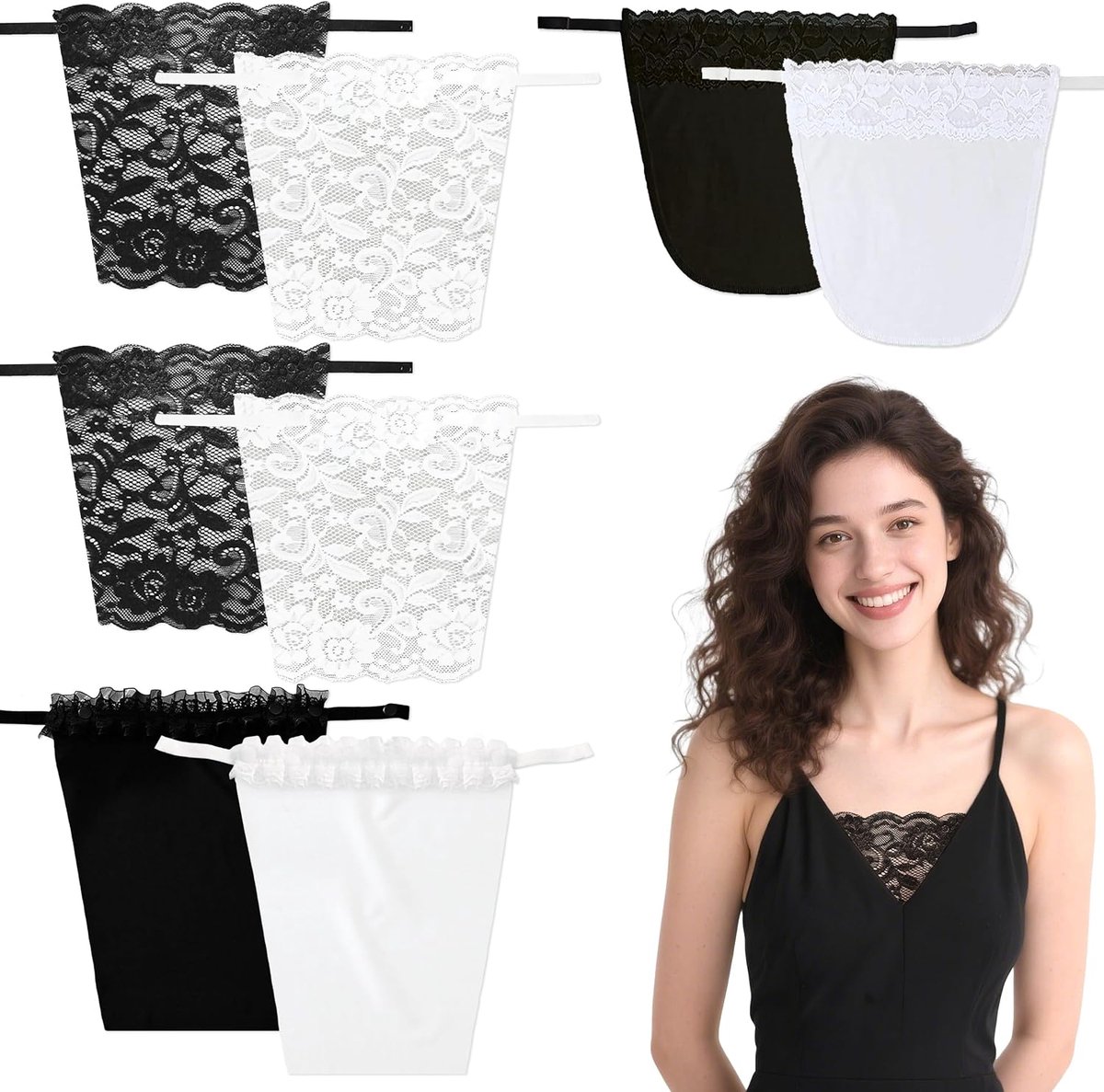 8 Stuks Dames Kant Clip-On Mock Camisole, Zwart-Witte BH Insert Overlay voor BH's, Clip-On Mock Hemdje met Kanten Extra Bedekking voor Jurken en Tanktops