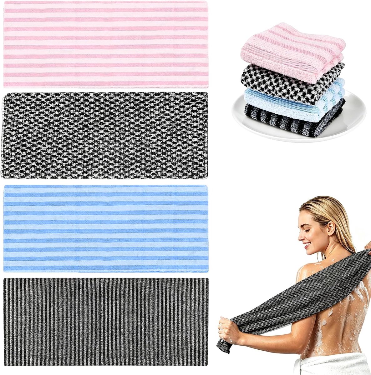 4-delige Japanse scrubset, Japanse peelinghanddoeken, exfoliërende douchehanddoek van bamboevezels, voor dieptereiniging/massage, douche, rugwassen