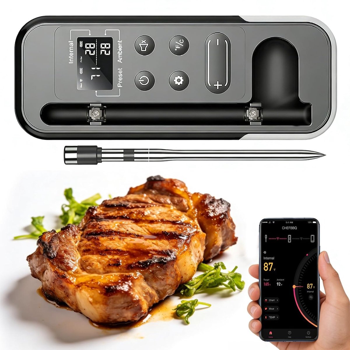 Draadloze Vleesthermometer - Barbecue Thermometer - Perfect Garen - Bluetooth App Bediening - 200m Afstand - Zwart