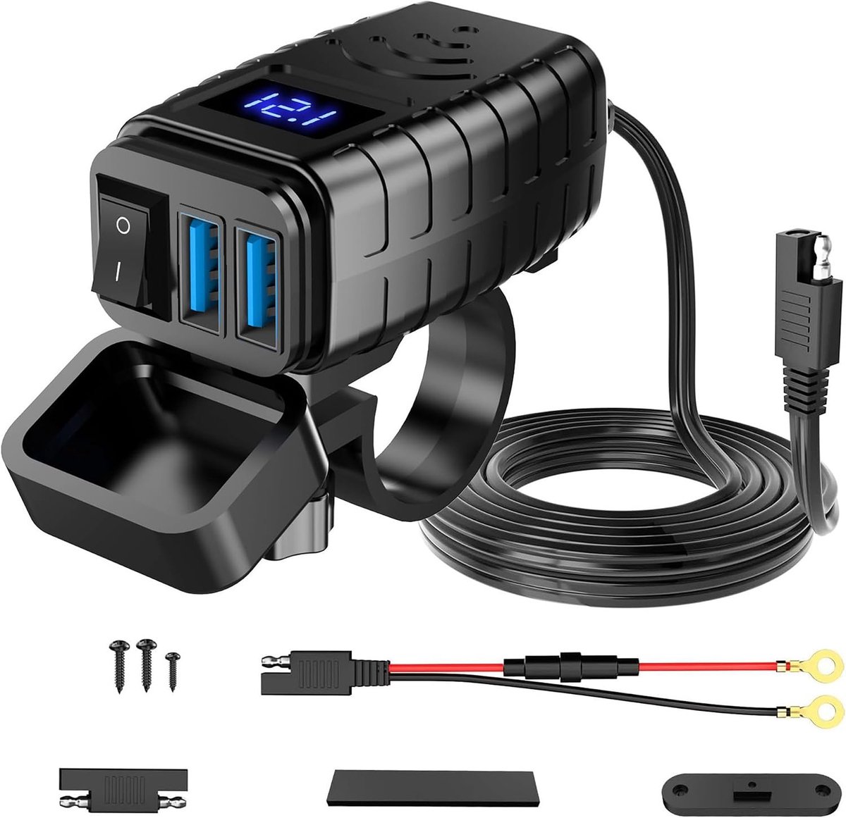 USB-aansluiting voor motorfiets: dubbele USB-adapter met schakelaar en led-voltmeter, QC 3.0 dubbele aansluiting voor 12V-24V motorfiets, camper, auto, jacht