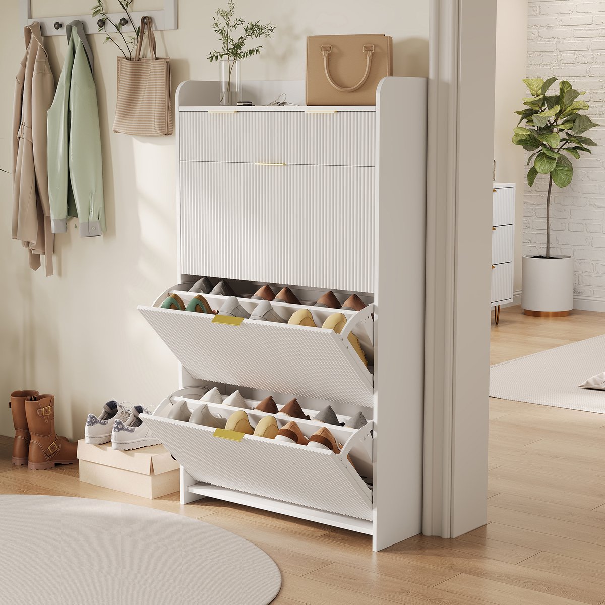 Yelenaro Schoenenkast wit, schoenenopberger met 3 Flappen en 2 lades, schoenenrek met Verstelbare Planken, Voor Hal En Woonkamer, 77x24x133.5 cm