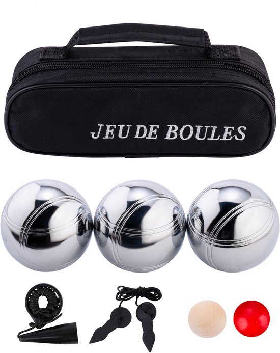 Jeu de boules set met zwarte tas, drie glimmende metalen ballen, but, meetlint en een rode bal.
