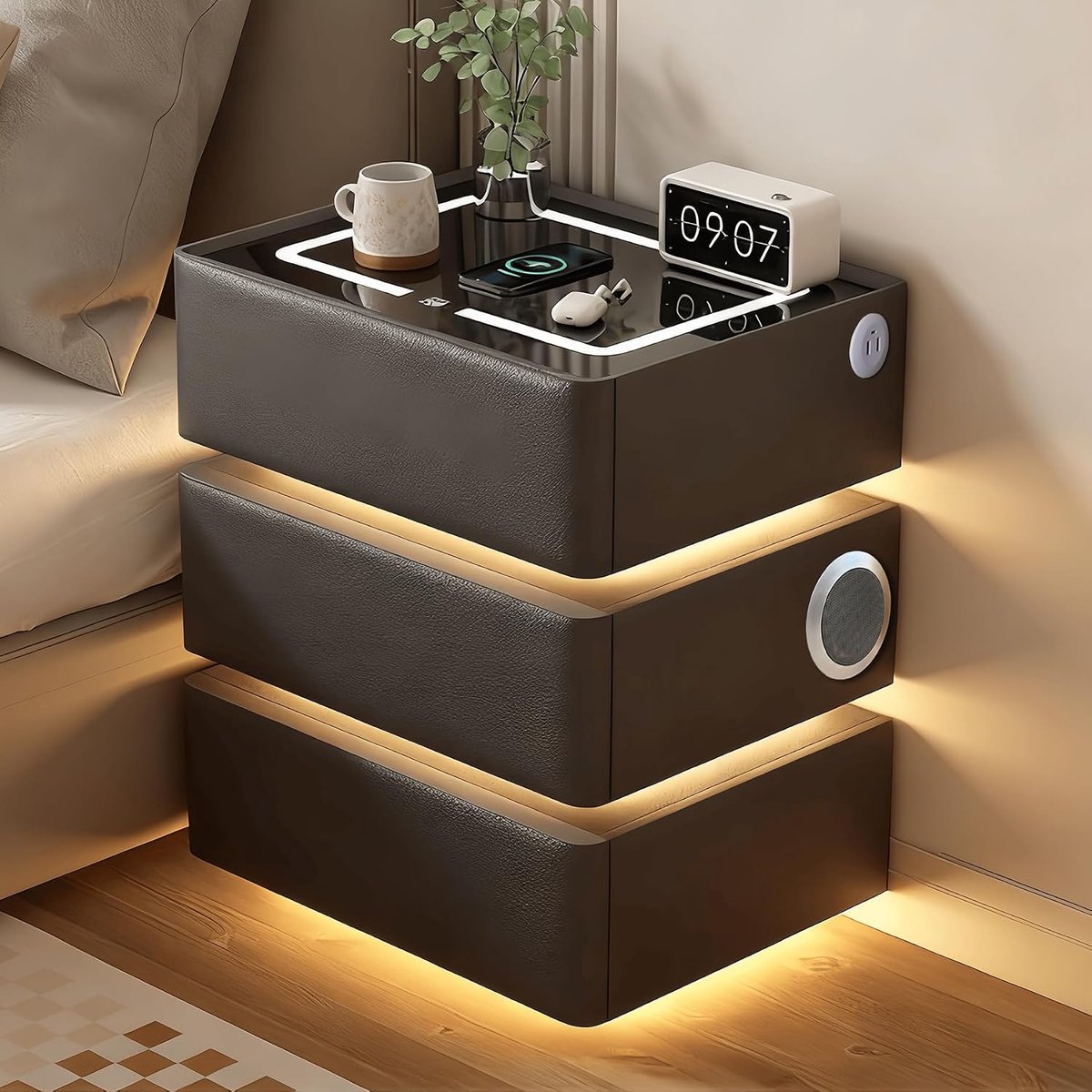 LED Nachtkastje met 3 Lades, Dimbare Verlichting, Bluetooth Speaker en Draadloos Opladen - 40 x 40 x 60 cm | Industrohome