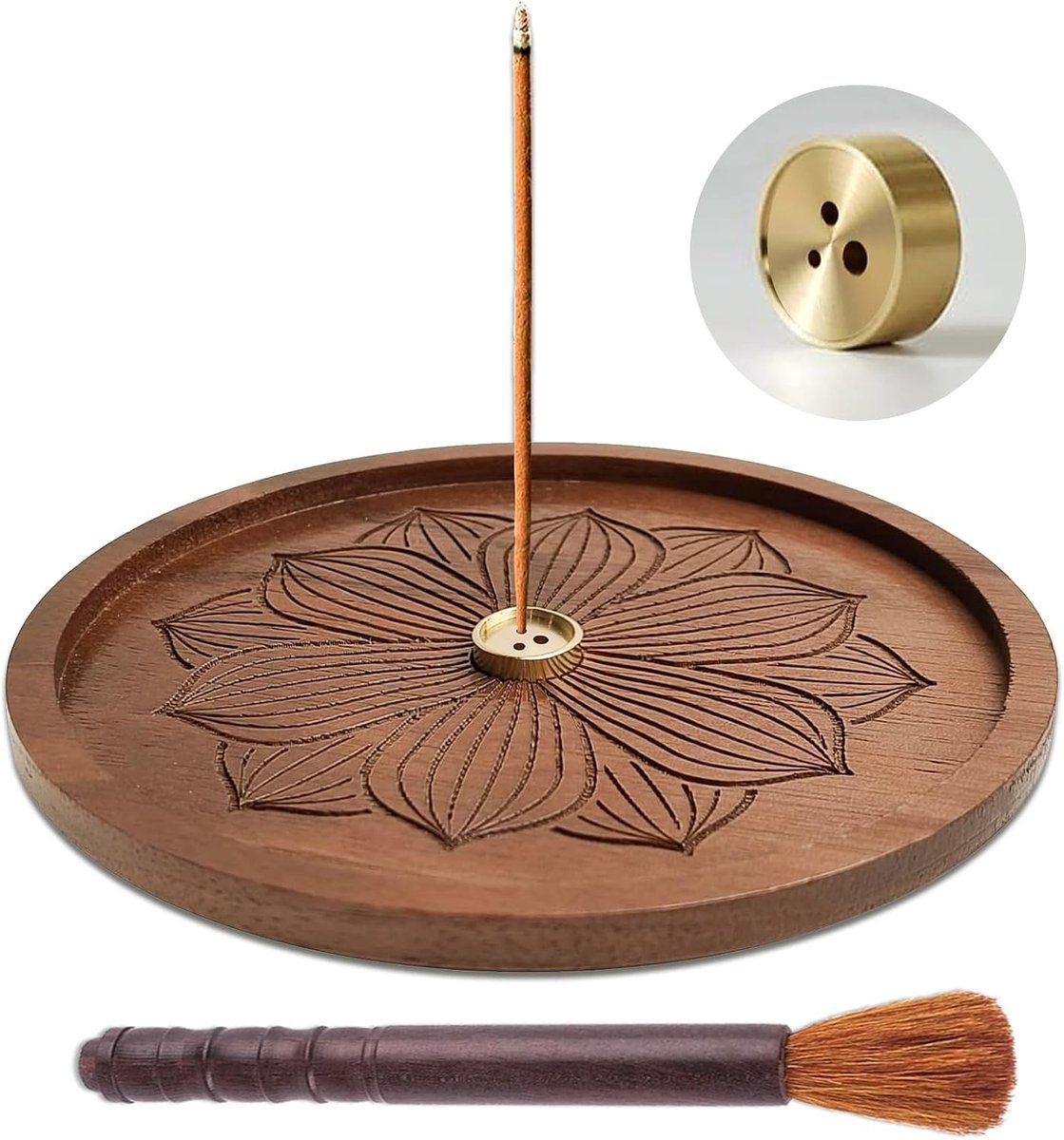 VINEST Lotus Wood Incense Stick Holder, Zen Incense Stick Holder with Cleaning Brush, Three-Hole Wire Holder Censer - ShopVlot